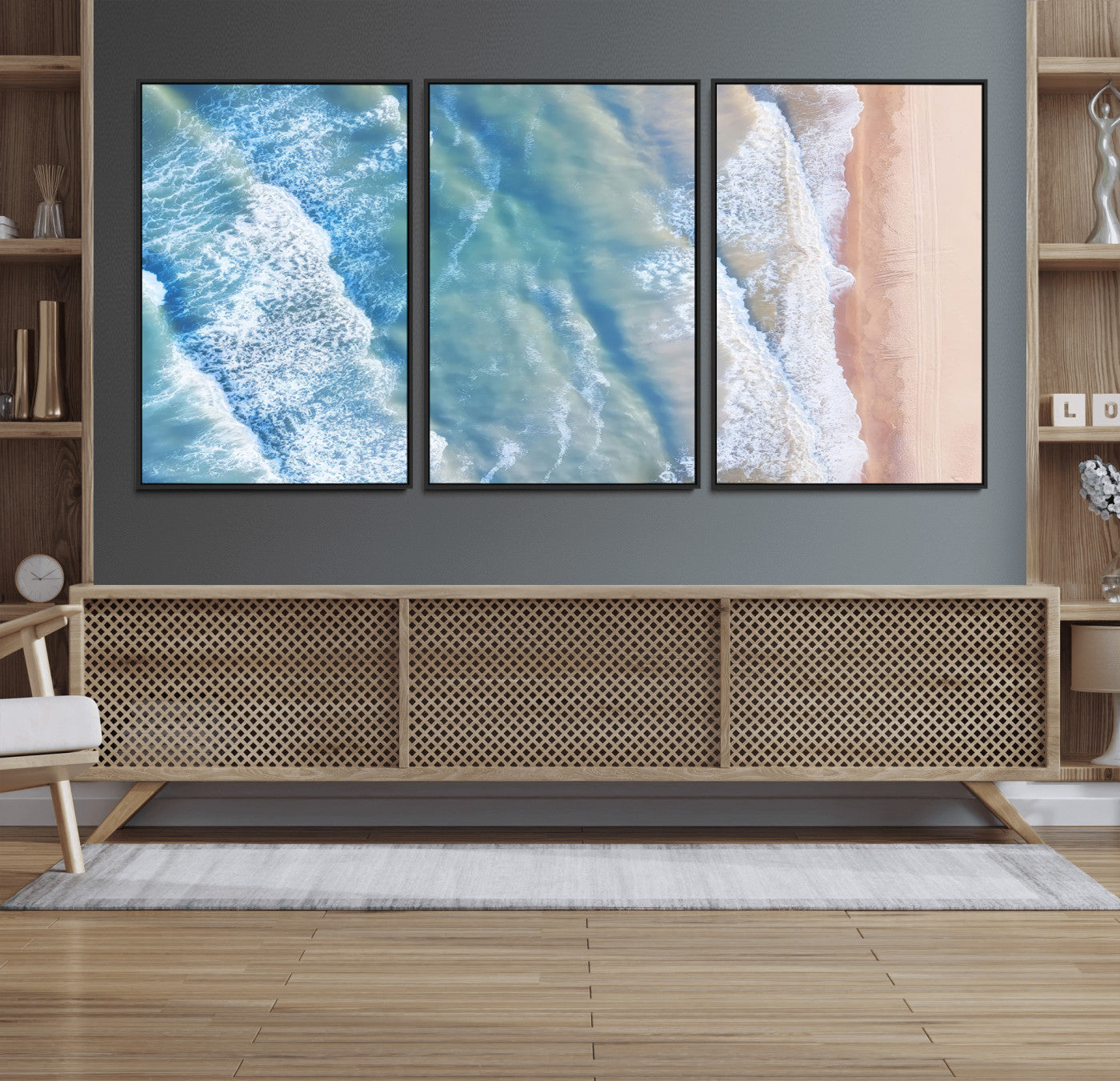 17641845-MGV-FC-60X30-3P_Black-Aerial Ocean View Wall Art Canvas Print, Framed Soft Blue Waves Art Picture Print, Sandy Shoreline Perfect Modern Coastal Decor Artwork