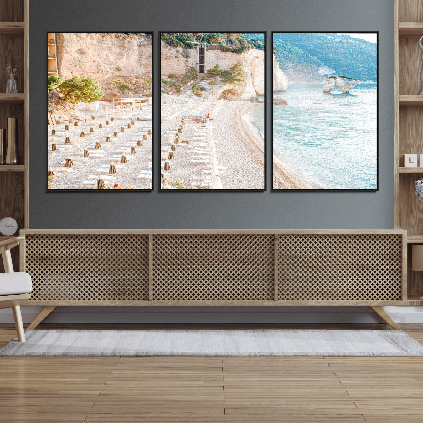 84816639-MGV-CV-36X24 - Sunny Beach Wall Art – Chairs & Umbrellas Canvas Print, Clear Water, Rocky Cliffs, Coastal Calm for Living Room or Vacation Home Decor
