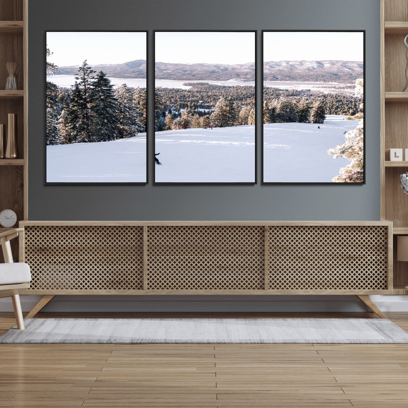 79857868-MGV-CV-36X24 - Snowboarder Wall Art – Winter Slope Canvas Print, Pine Forest, Snow-Covered Mountains, Outdoor Adventure for Living Room or Cabin Decor