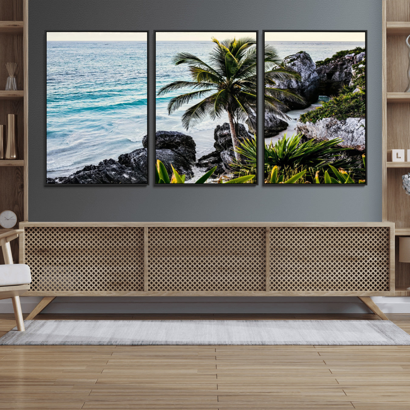 94669907-MGV-CV-36X24 - Tropical Palm Wall Art – Coastal Rocks Canvas Print, Ocean Breeze, Sandy Shore, Vibrant Green Foliage for Living Room or Beach House Decor