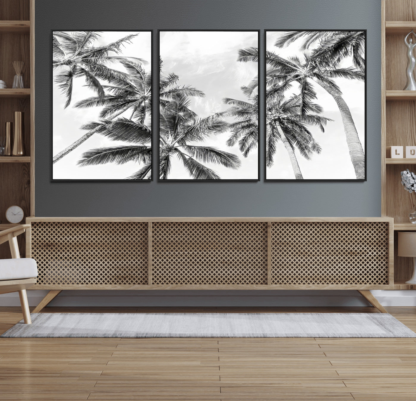 62113786-MGV-FC-60X30-3P_Black-Black and White Palm Wall Art Canvas Print – Monochrome Tropical Beach Minimalist Coastal Artwork for Home, Office