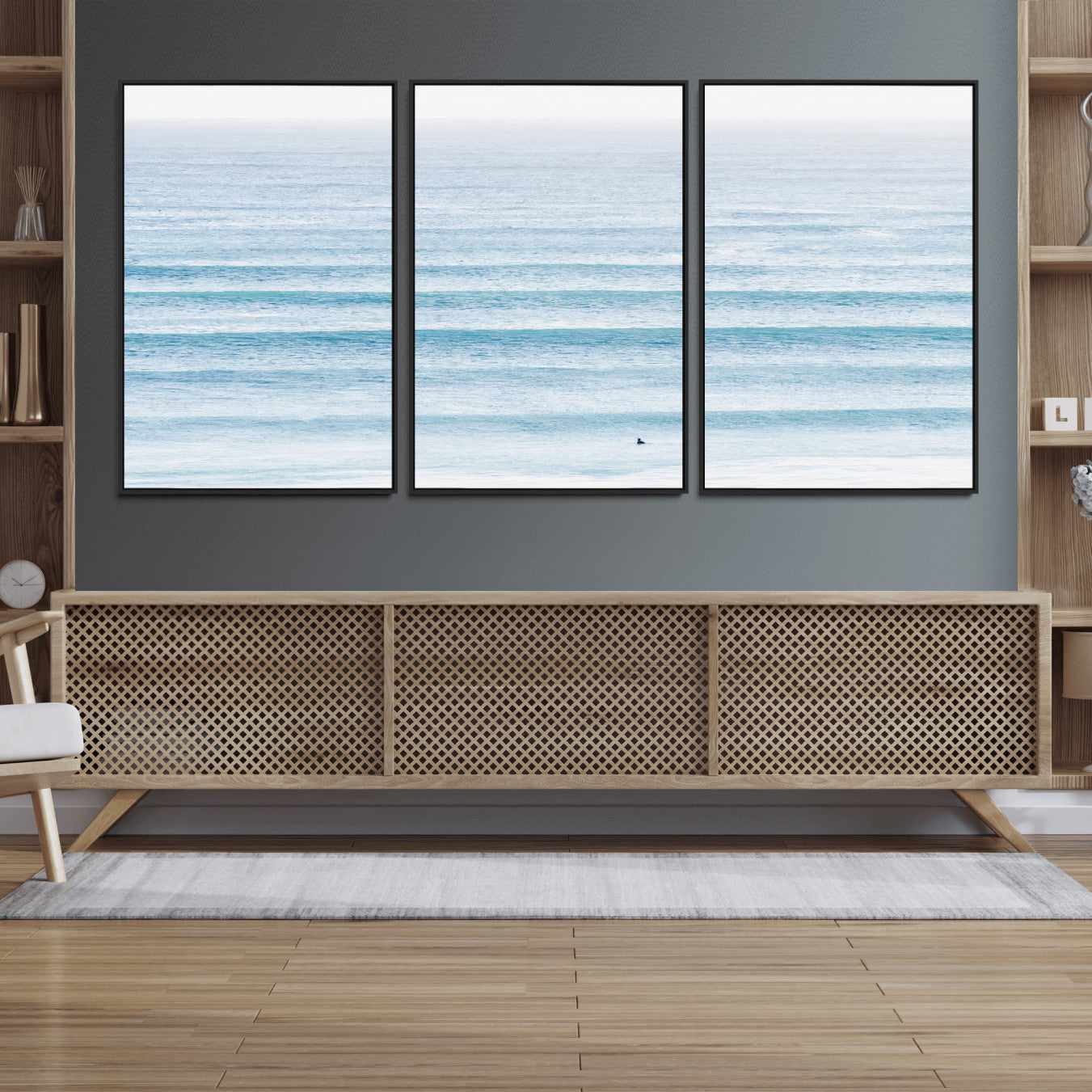 77145995-MGV-FC-60X30-3P_Black-Ocean Wave Surfer Wall Art – Framed Minimal Seascape Canvas Artwork, Calm Blue Water Design, Coastal Decor for Home, Office