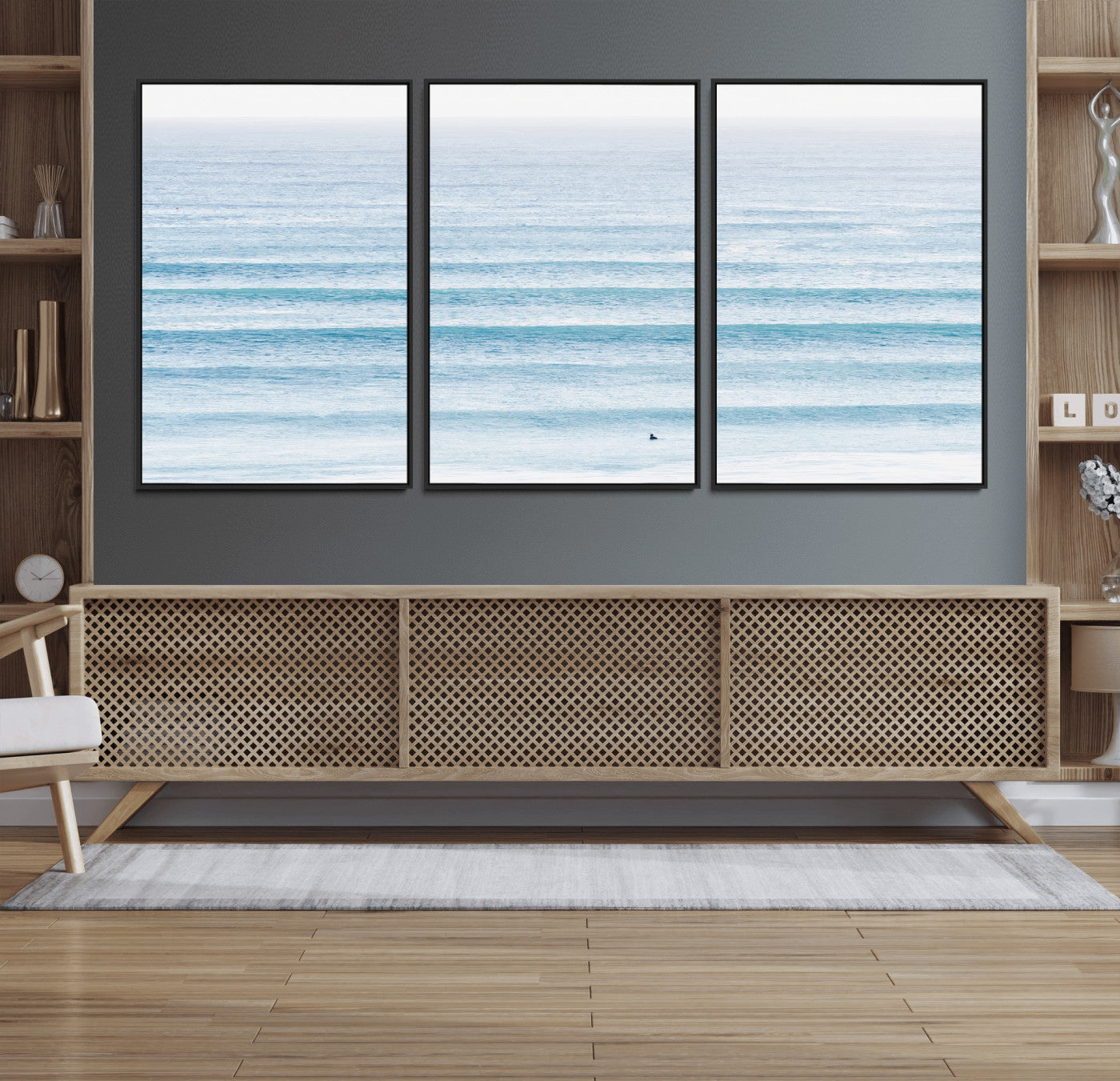 77145995-MGV-FC-60X30-3P_Black-Ocean Wave Surfer Wall Art – Framed Minimal Seascape Canvas Artwork, Calm Blue Water Design, Coastal Decor for Home, Office
