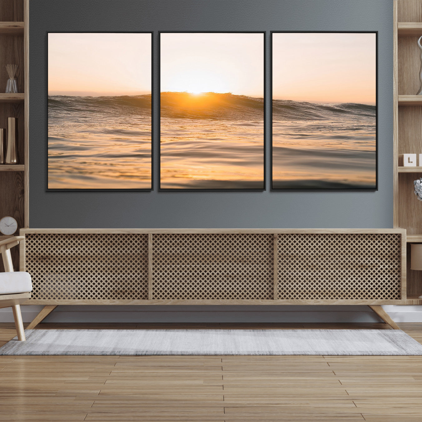 16973771-MGV-FC-60X30-3P_Black-Calm Water Wall Art – Framed Sunset Waves Canvas Artwork, Coastal Warm Design, Minimal Ocean Decor for Home, Office