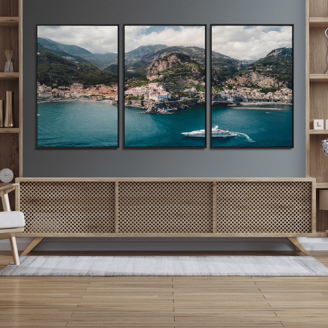 20321590-MGV-FC-60X30-3P_Black-Amalfi Coast Wall Art – Framed Italian Seaside Canvas Artwork, Mediterranean Landscape Design, Coastal Decor for Home, Office