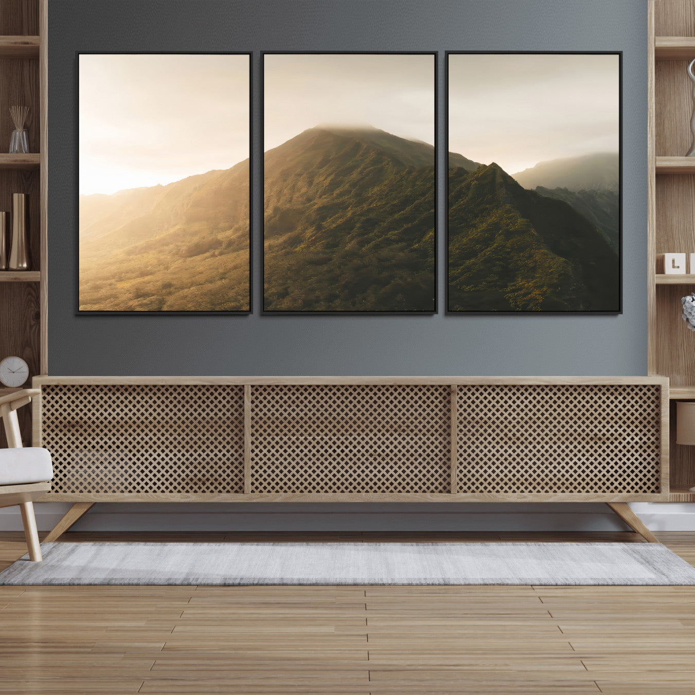 42338636-MGV-FC-60X30-3P_Black-Mountain Wall Art – Framed Sunset Landscape Canvas Artwork, Serene Nature Design, Rustic Decor for Home, Office