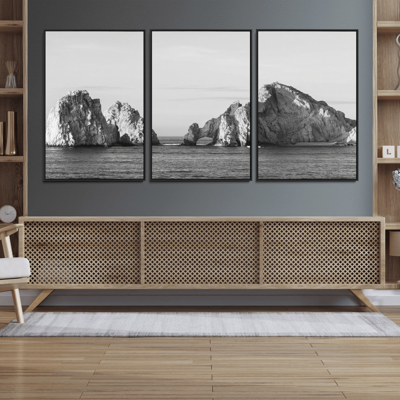 MGV-FC-60X30-3P - Rugged Coastline Wall Art Canvas Print, Framed Ocean Cliffs Art Picture Print, Monochrome Seascape Perfect Coastal Minimalist Decor Artwork