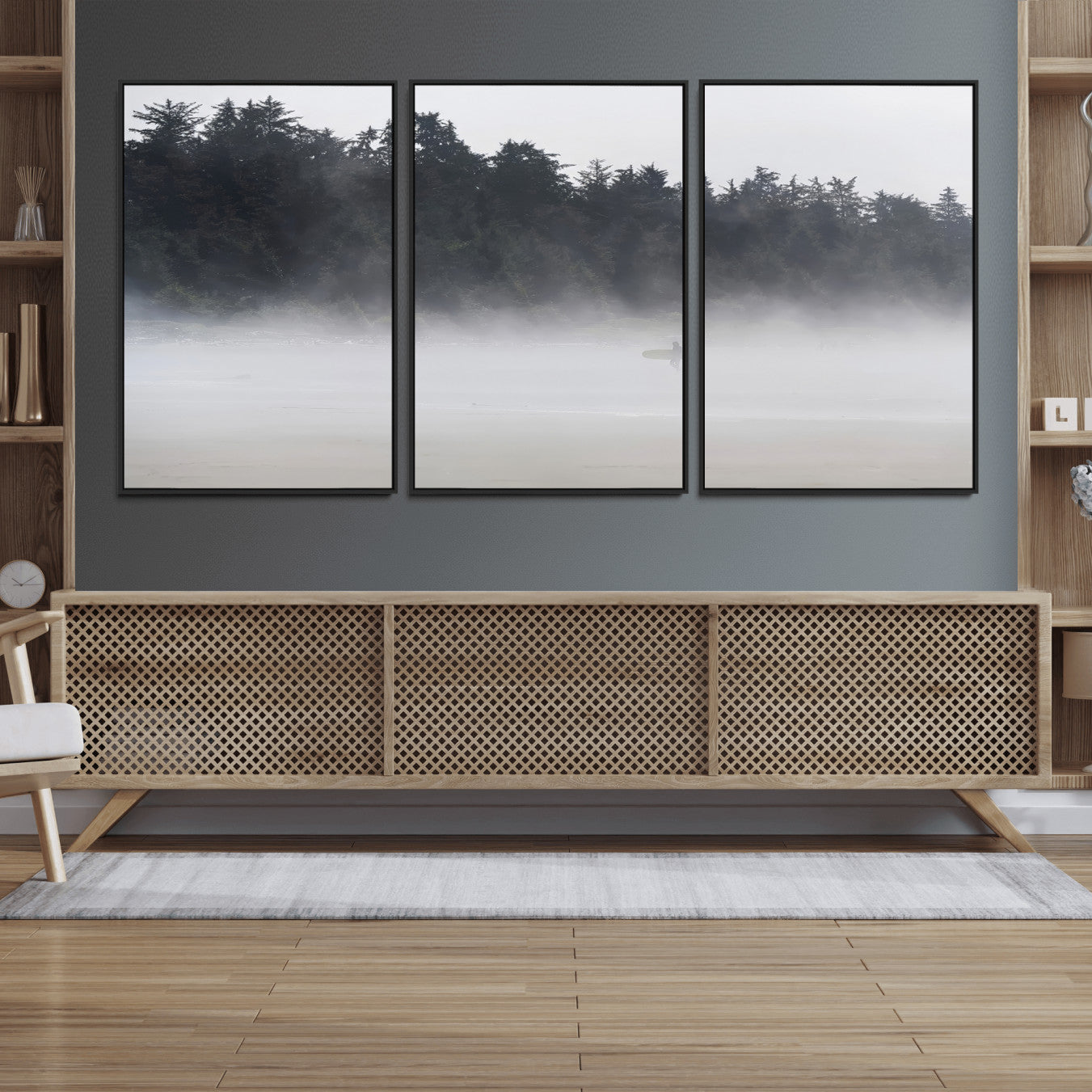 59703275-MGV-FC-60X30-3P_Black-Surfer Fog Wall Art Canvas Print – Framed Foggy Beach Scene with Coastal Surf Artwork for Home, Office, Living Room