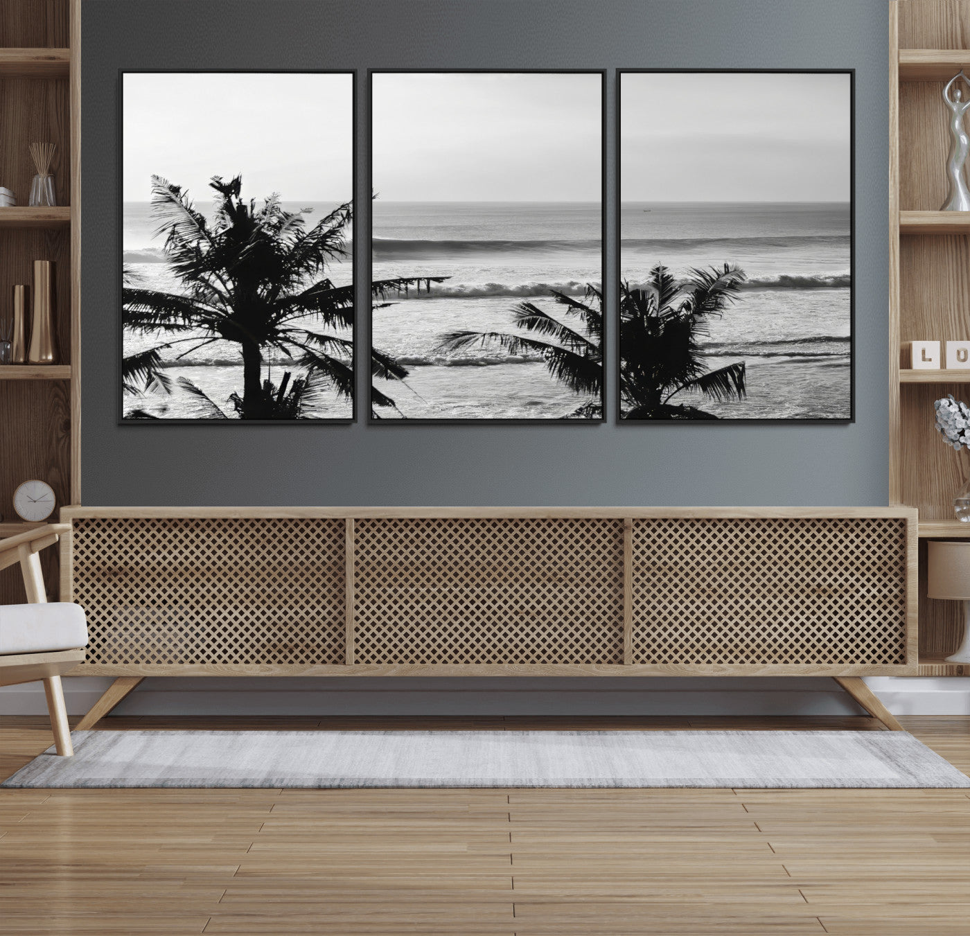 17508038-MGV-FC-60X30-3P_Black-Tropical Coastline Wall Art Canvas Print – Framed Palm Trees Scene with Ocean Waves Artwork for Home, Office