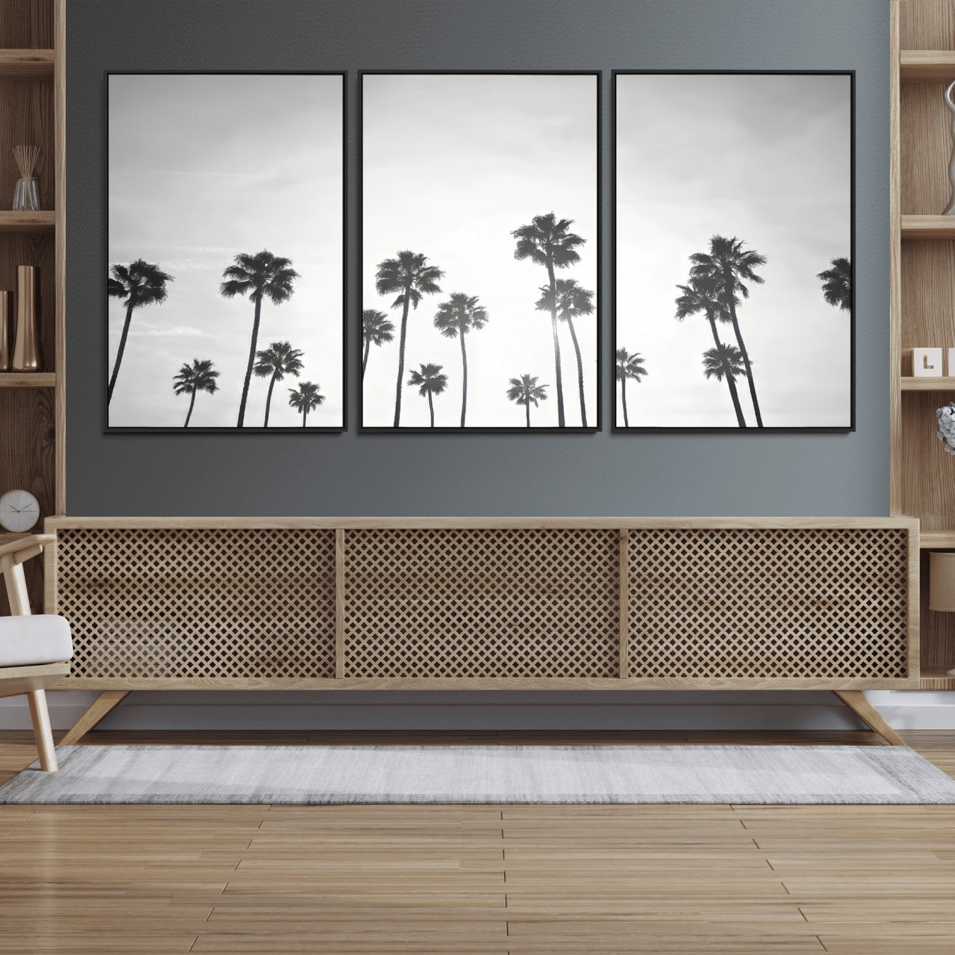 62298277-MGV-FC-60X30-3P_Black-Monochrome Palms Wall Art Canvas Print – Framed Minimalist Silhouetted Trees Artwork for Home, Office, Living Room