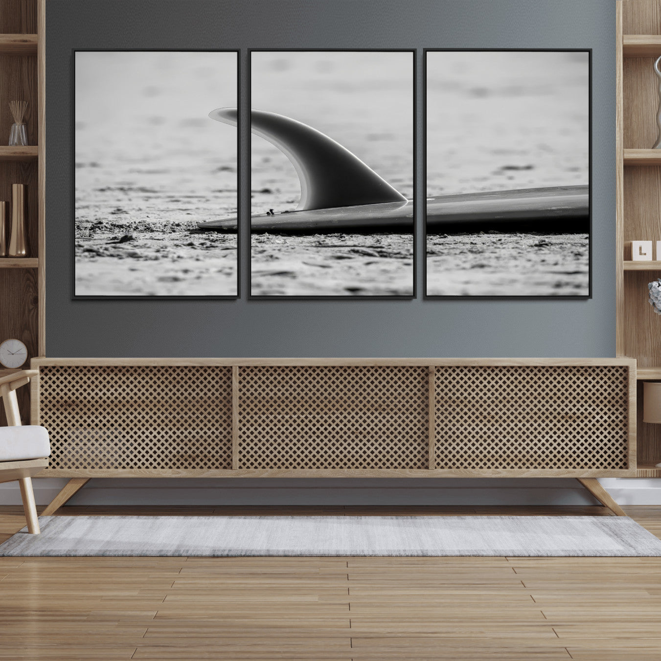 MGV-FC-60X30-3P - Black White Surfboard Wall Art Canvas Print, Framed Minimalist Beach Art Picture Print, Surf Fin Perfect Minimalist Coastal Decor Artwork