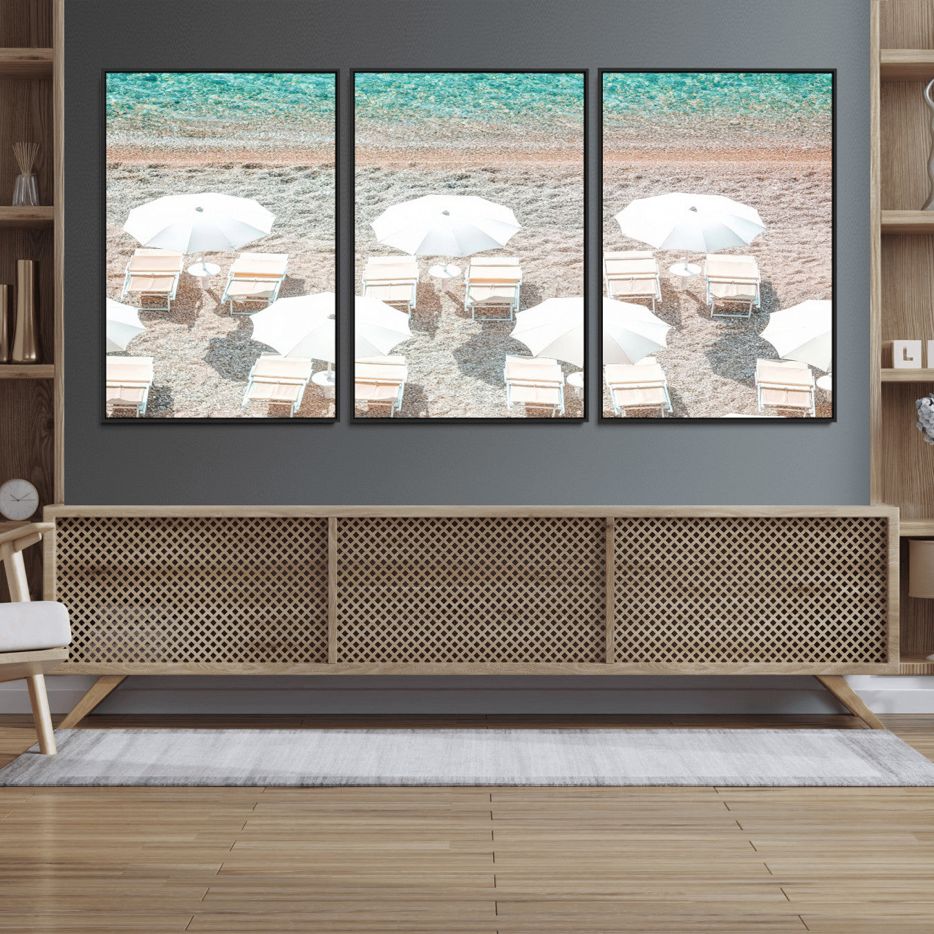 MGV-FC-60X30-3P - Calm Beach Wall Art Canvas Print, Framed Turquoise Water Art Picture Print, Umbrella Shoreline Perfect Coastal Minimalist Decor Artwork