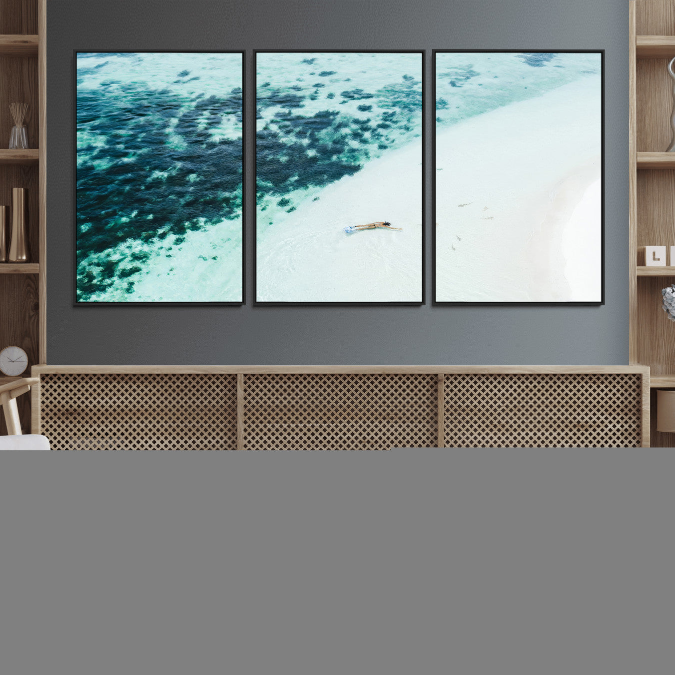 33764764-MGV-FC-60X30-3P_Black-Minimal Beach Wall Art – Framed Ocean Swimming Canvas Artwork, Clear Blue Sea Design, Modern Coastal Decor for Home, Office