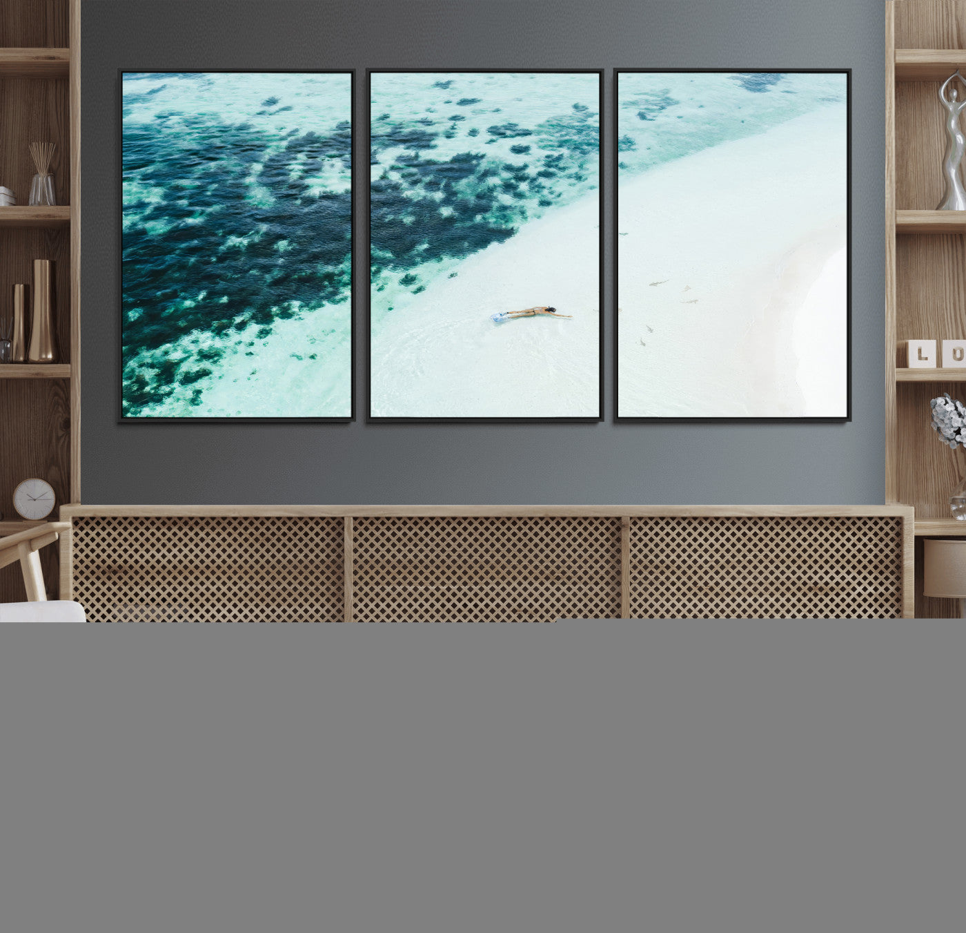 33764764-MGV-FC-60X30-3P_Black-Minimal Beach Wall Art – Framed Ocean Swimming Canvas Artwork, Clear Blue Sea Design, Modern Coastal Decor for Home, Office