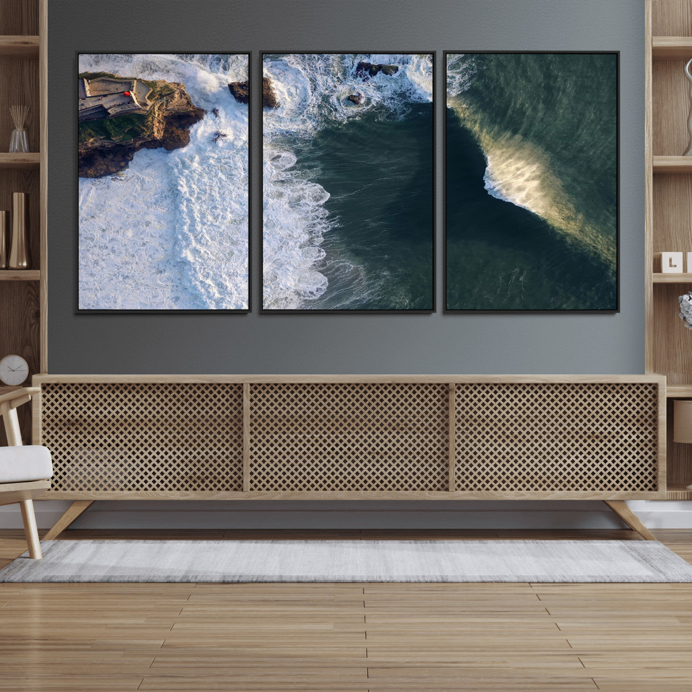 MGV-FC-60X30-3P - Nazaré Coast Wall Art Canvas Print, Framed Aerial Ocean Art Picture Print, Coastal Fortress Perfect Dramatic Coastal Decor Artwork