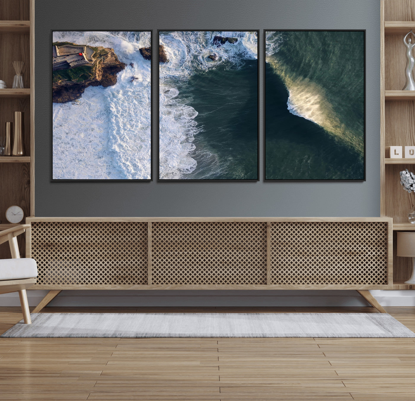 MGV-FC-60X30-3P - Nazaré Coast Wall Art Canvas Print, Framed Aerial Ocean Art Picture Print, Coastal Fortress Perfect Dramatic Coastal Decor Artwork