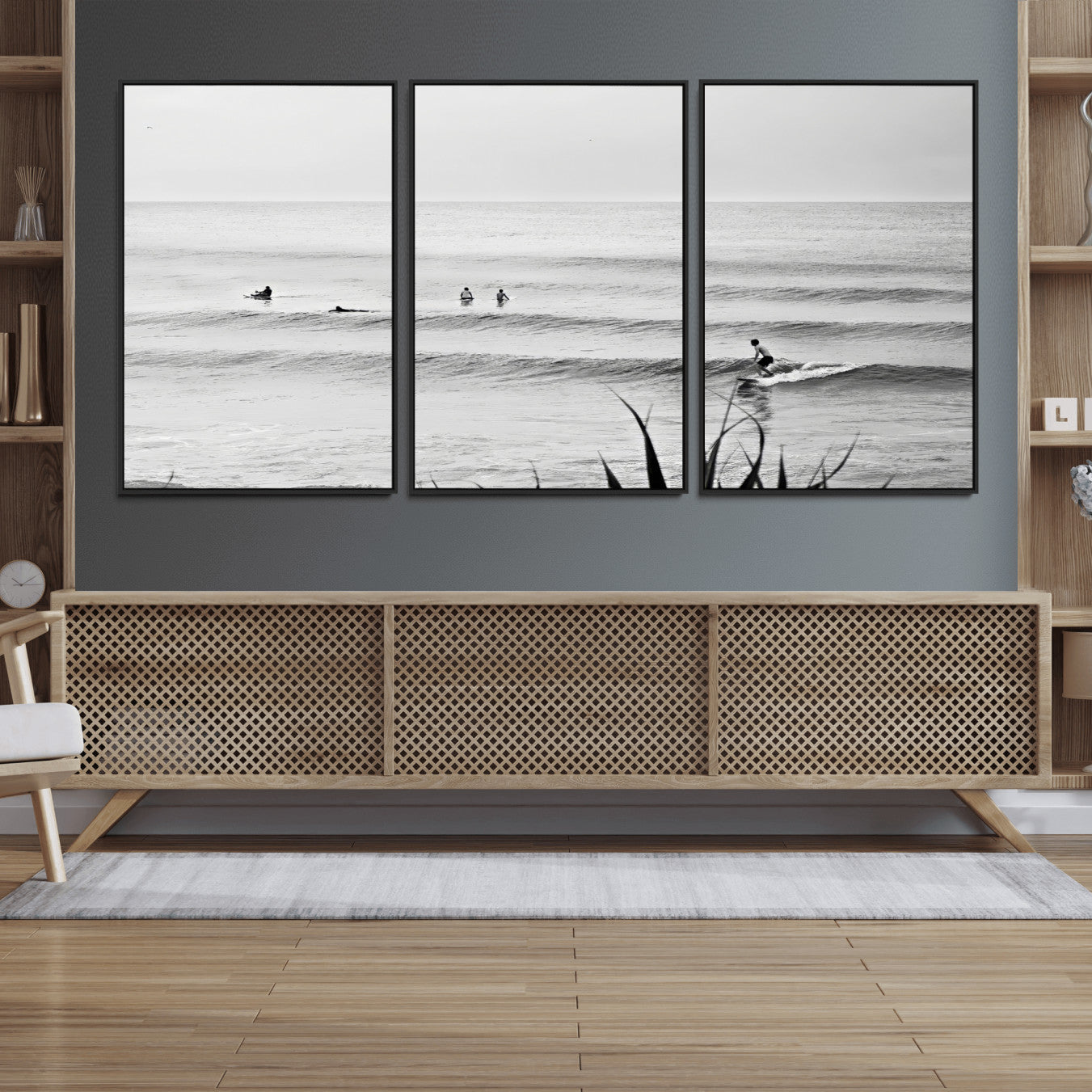 33821421-MGV-FC-60X30-3P_Black-Surfer Silhouette Wall Art – Framed Calm Ocean Canvas Artwork, Monochrome Minimal Design, Modern Coastal Decor for Home, Office