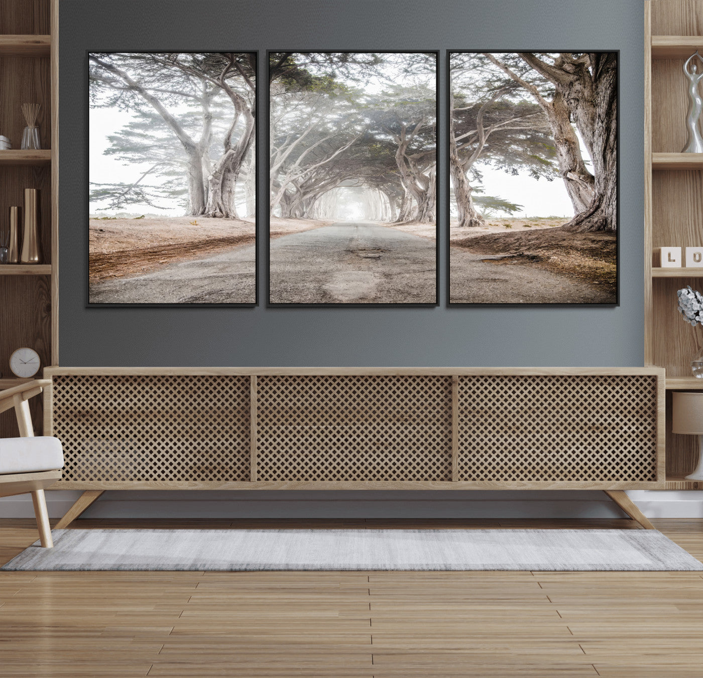 87090469-MGV-CV-36X24-Cypress Tunnel Wall Art – Framed Misty Road Canvas Artwork, Foggy Trees Design, Rustic Woodland Nature Decor for Home, Office