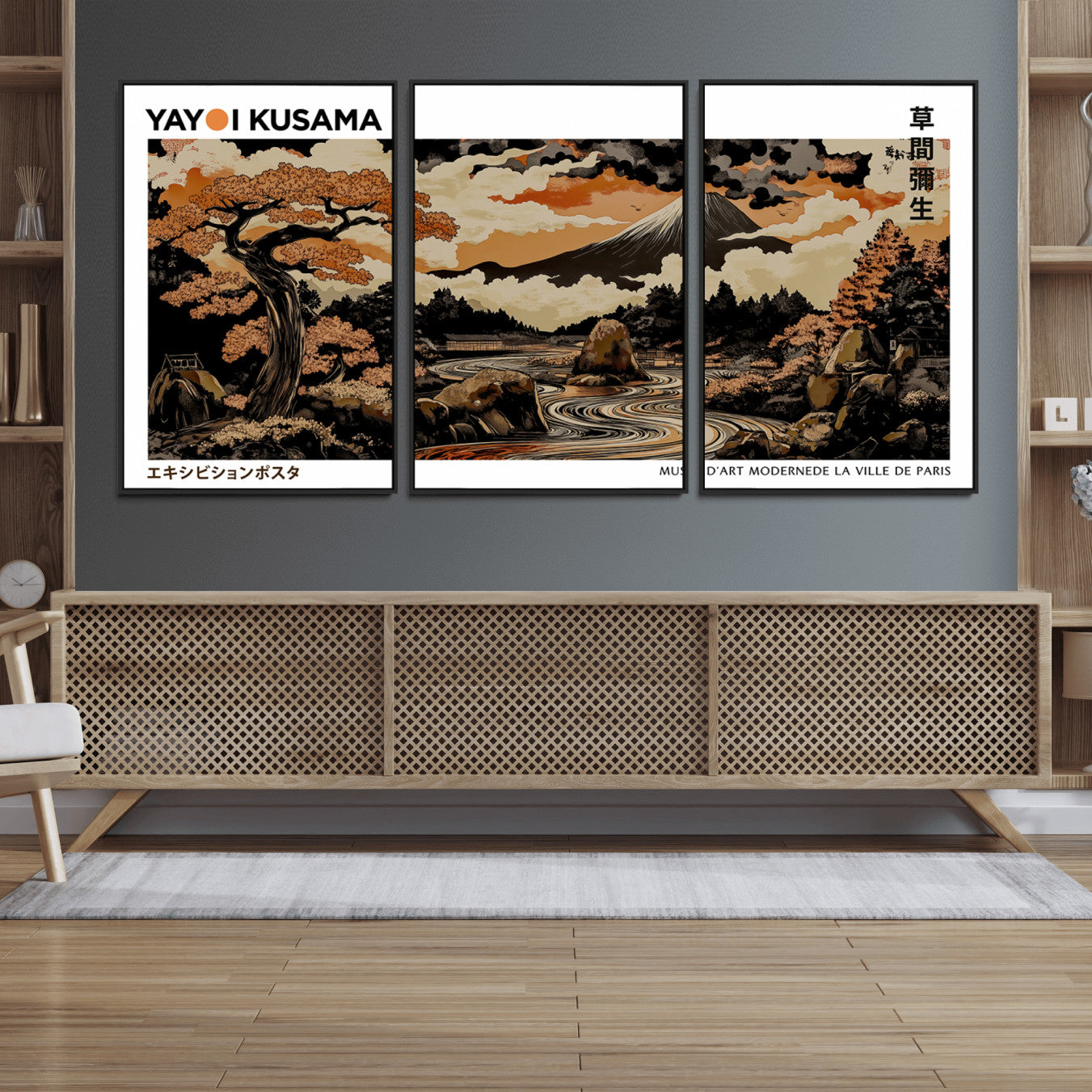 96372548-MGV-FC-60X30-3P_Black-Modern Japanese Wall Art Canvas Print – Framed Abstract Mount Fuji Scene with Yayoi Kusama Style Artwork for Home, Office