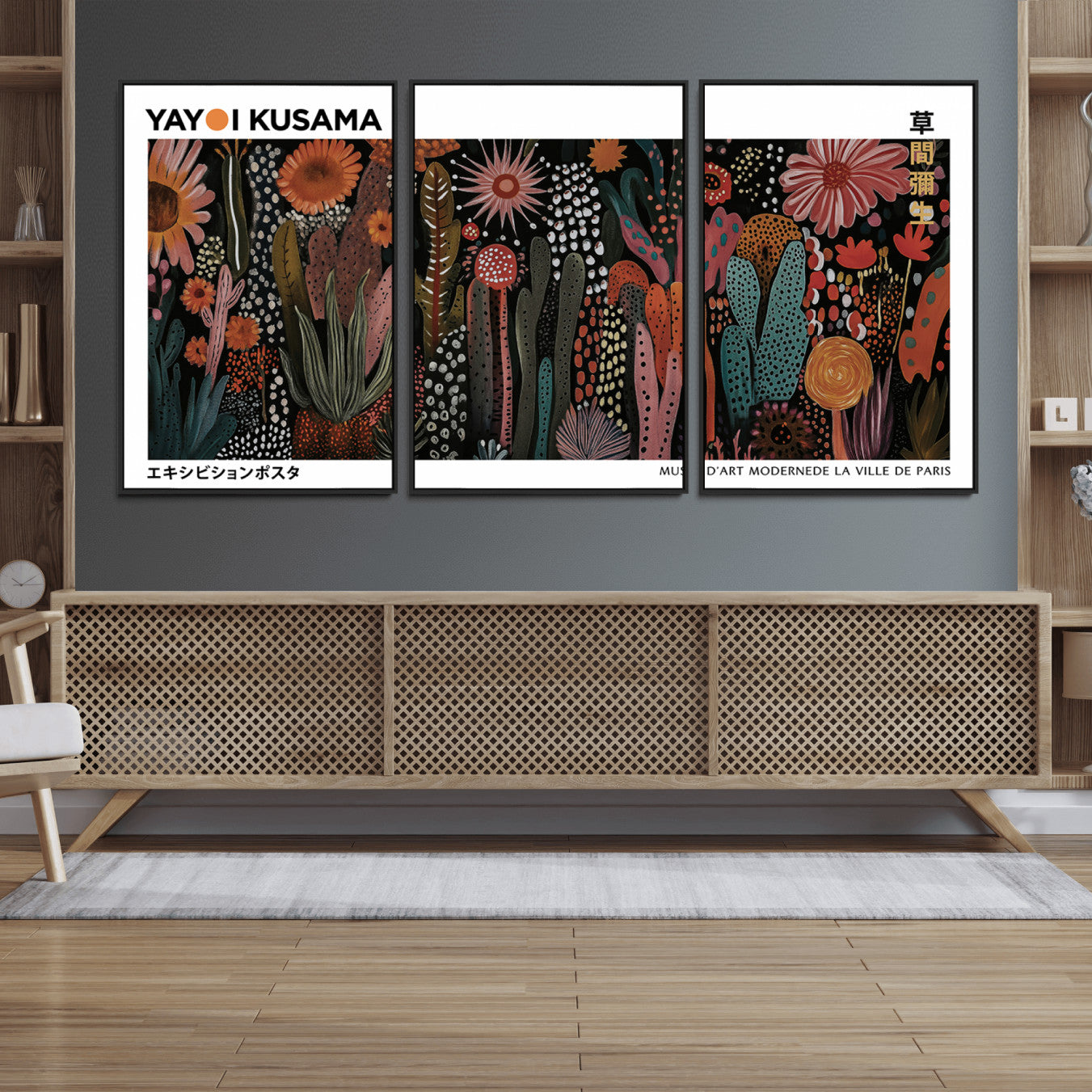 70632622-MGV-FC-60X30-3P_Black-Modern Japanese Wall Art Print, Framed Yayoi Kusama Artwork, Abstract Mount Fuji Canvas Print,