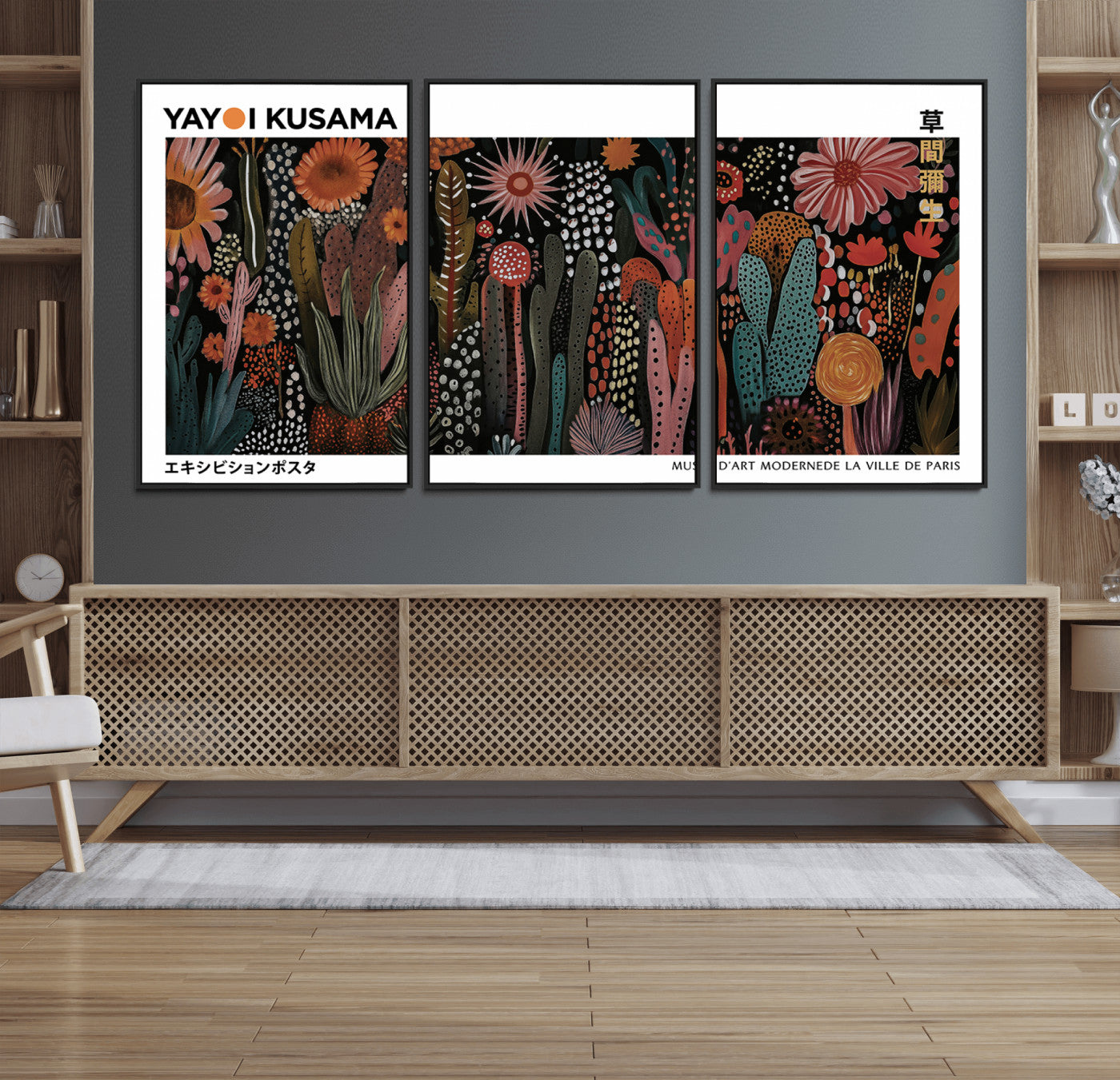 70632622-MGV-FC-60X30-3P_Black-Modern Japanese Wall Art Canvas Print – Framed Abstract Mount Fuji Scene with Yayoi Kusama Artwork for Home, Office