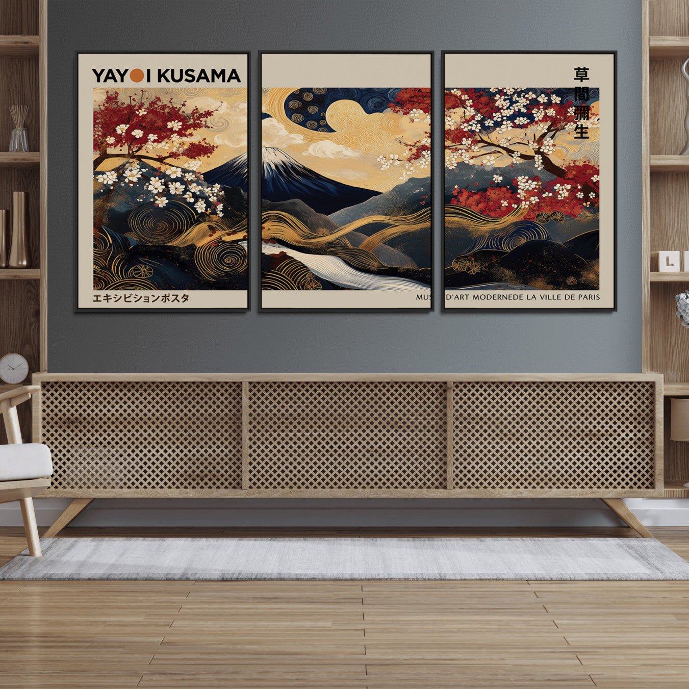 54967195-MGV-FC-60X30-3P_Black-Modern Japanese Wall Art Canvas Print – Framed Abstract Mount Fuji Scene with Yayoi Kusama Japanese Artwork for Home, Office
