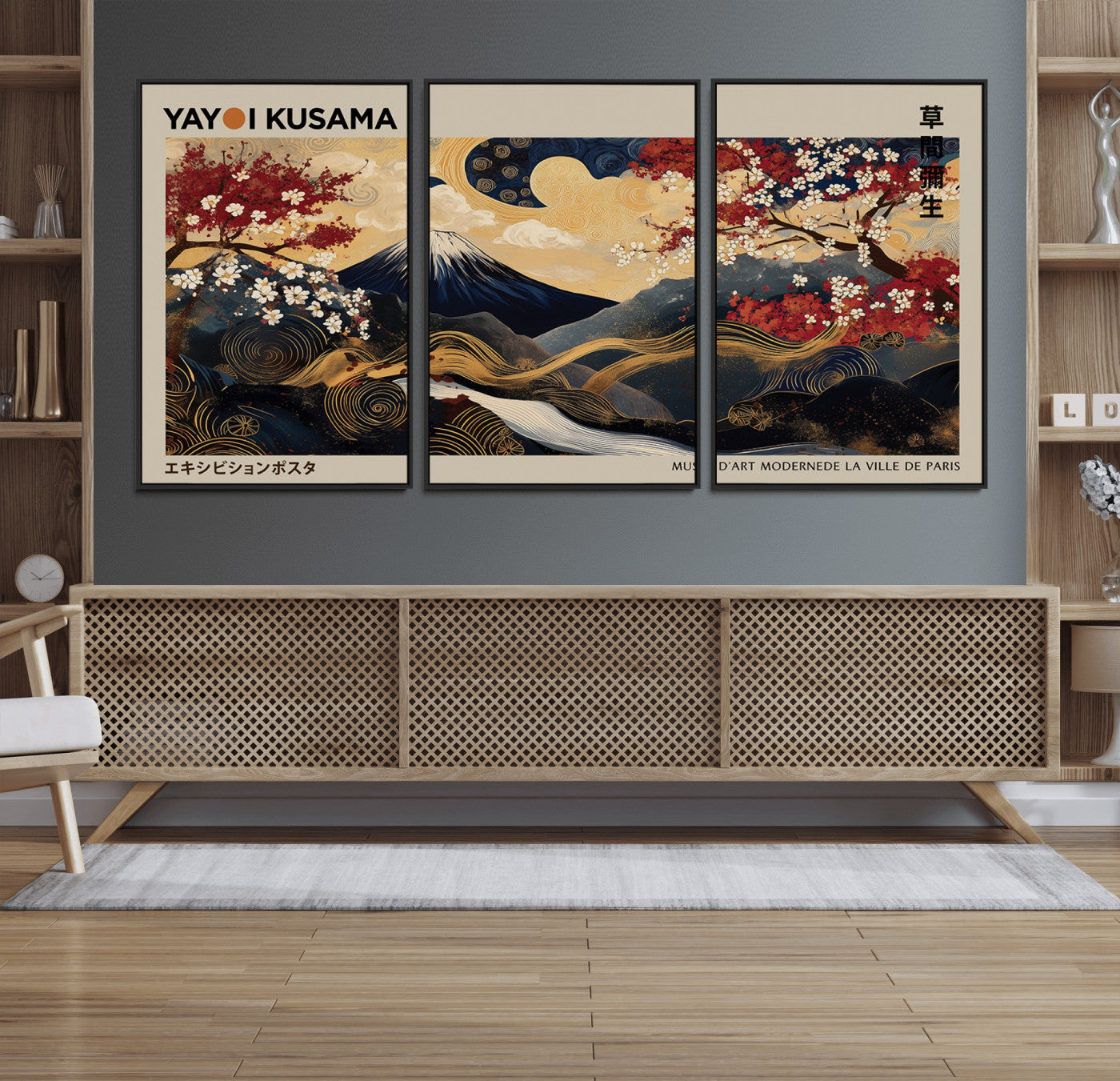 54967195-MGV-FC-60X30-3P_Black-Modern Japanese Wall Art Canvas Print – Framed Abstract Mount Fuji Scene with Yayoi Kusama Japanese Artwork for Home, Office