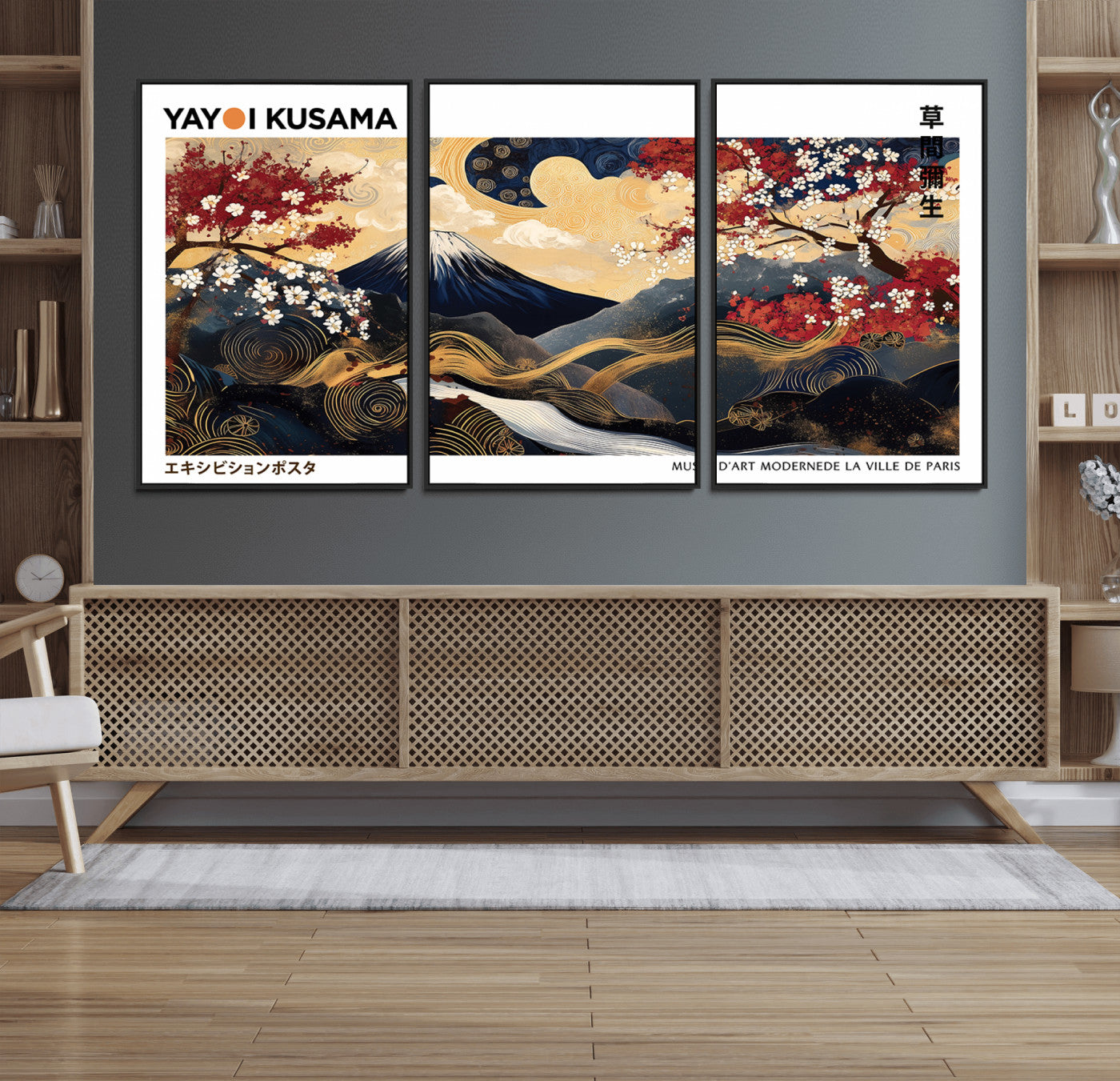 66243961-MGV-FC-60X30-3P_Black-Modern Mount Fuji Wall Art Canvas Print – Framed Abstract Mount Fuji Scene with Yayoi Kusama Artwork for Home, Office