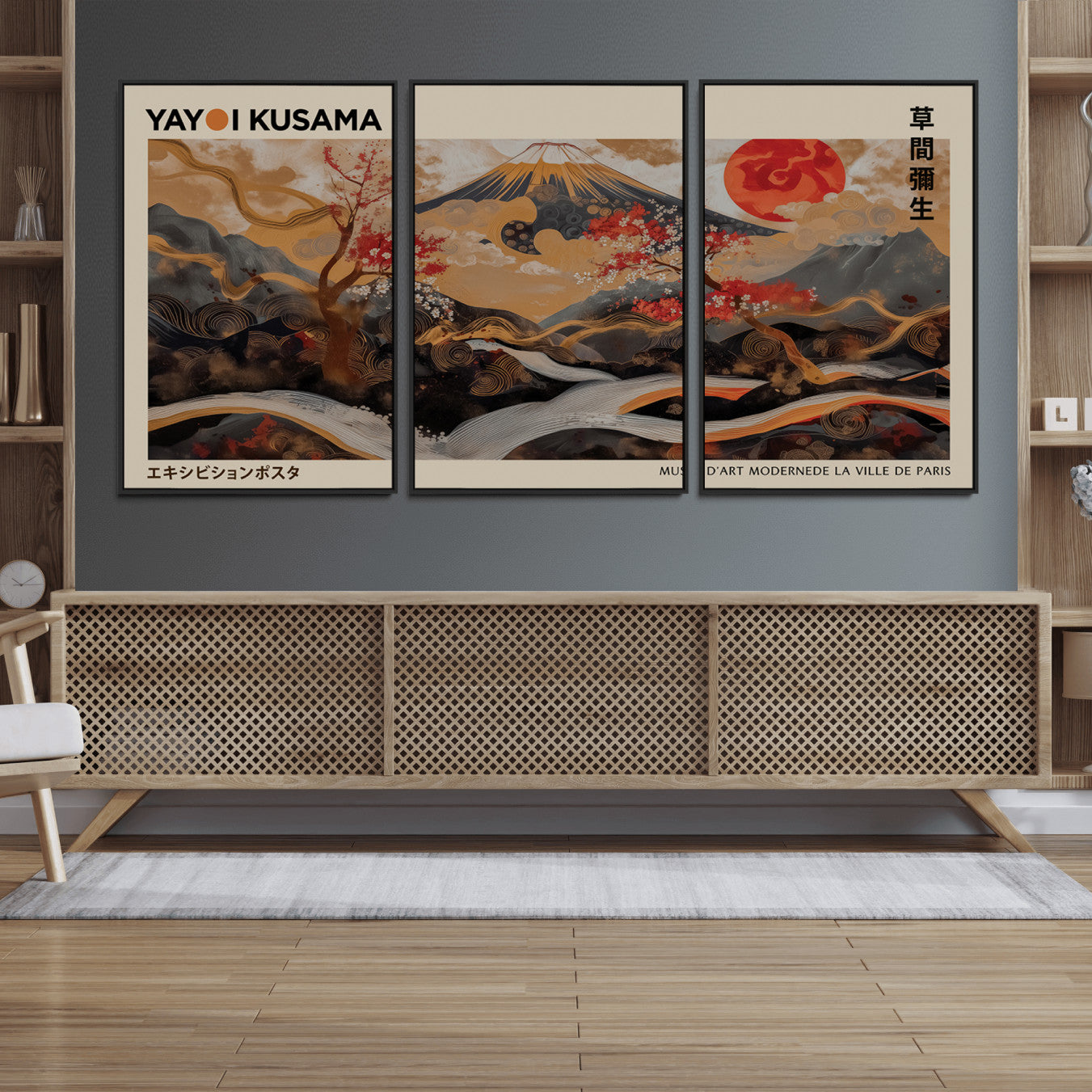77970791-MGV-FC-60X30-3P_Black-Modern Japanese Wall Art Canvas Print – Framed Abstract Mount Fuji Scene with Yayoi Kusama Artwork for Home, Office