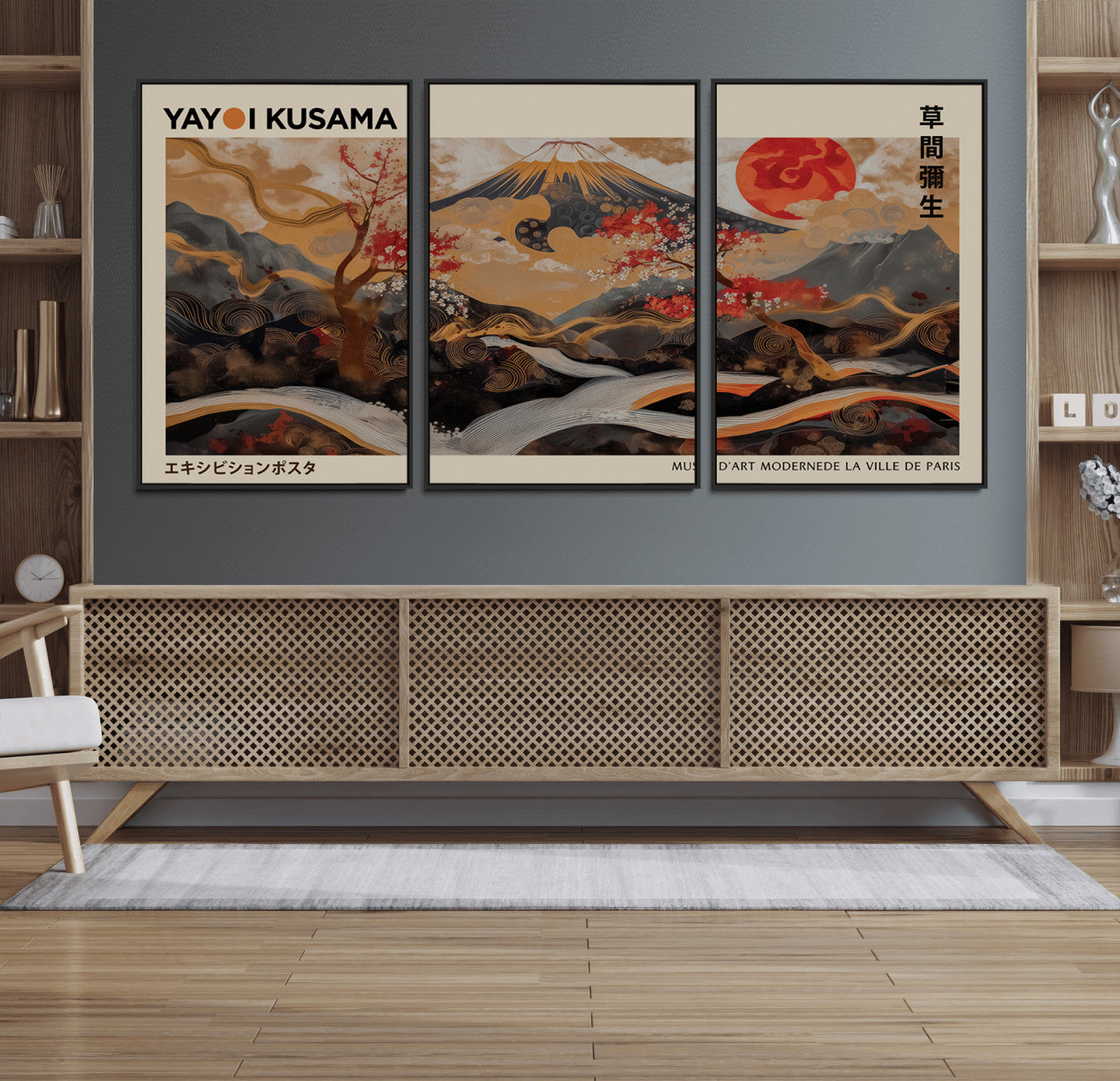 77970791-MGV-FC-60X30-3P_Black-Modern Japanese Wall Art Canvas Print – Framed Abstract Mount Fuji Scene with Yayoi Kusama Artwork for Home, Office