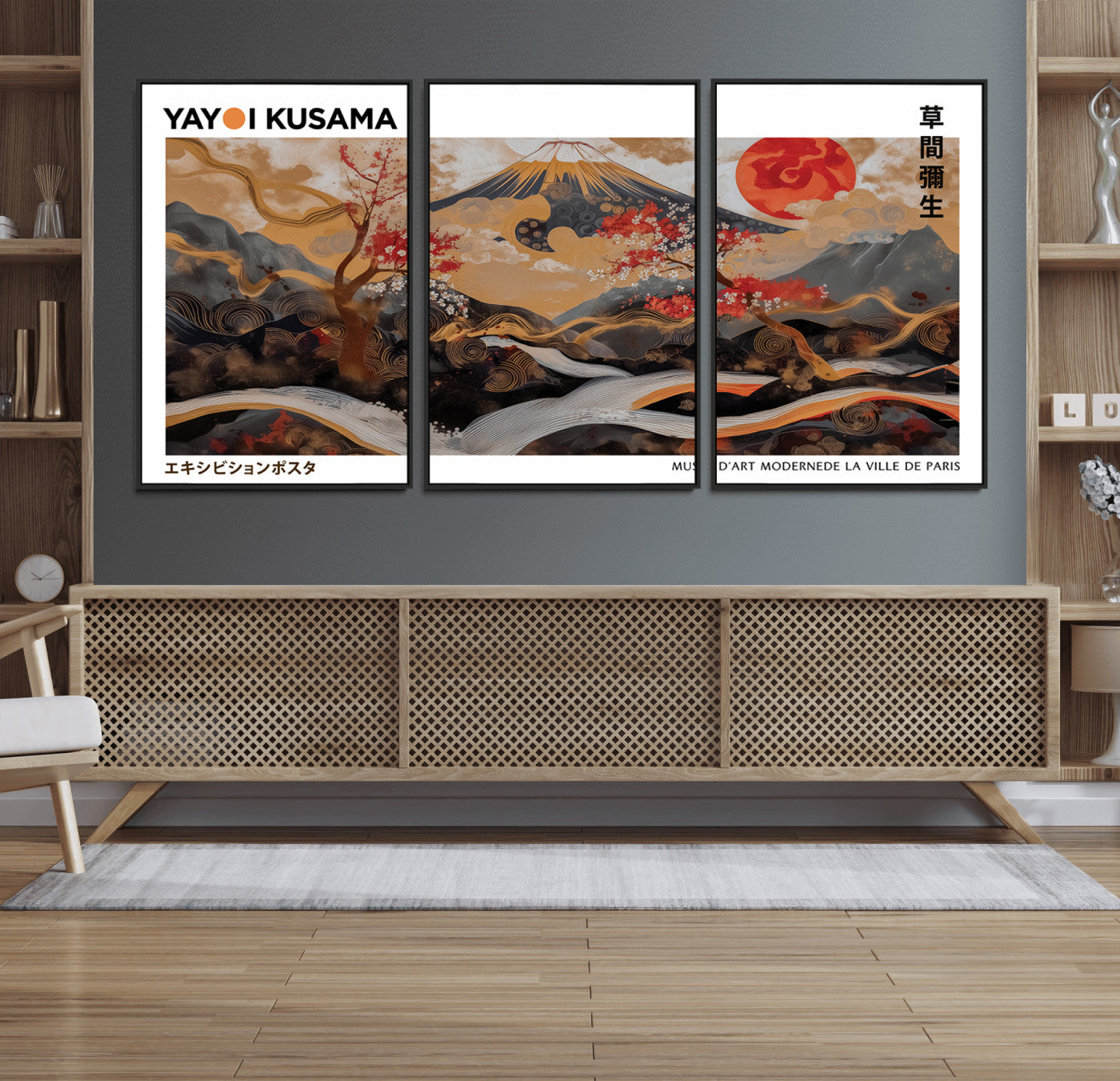 85375874-MGV-FC-60X30-3P_Black-Mount Fuji Wall Art Canvas Print – Framed Abstract Mount Fuji Scene with Yayoi Kusama Artwork for Home, Office