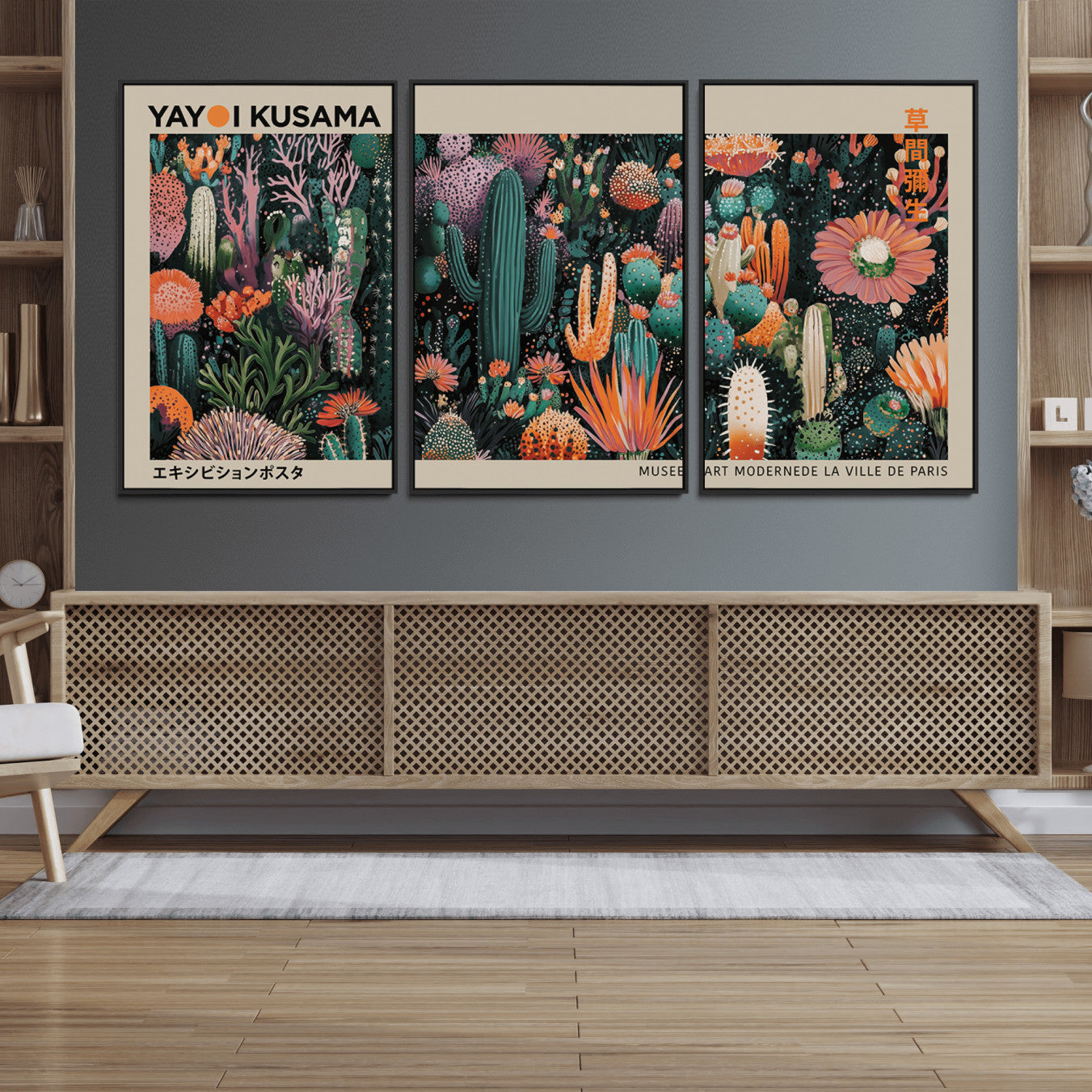 20505520-MGV-FC-60X30-3P_Black-Yayoi Kusama Art Print Canvas – Abstract Mount Fuji Japanese Wall Art Contemporary Modern Artwork for Home, Office