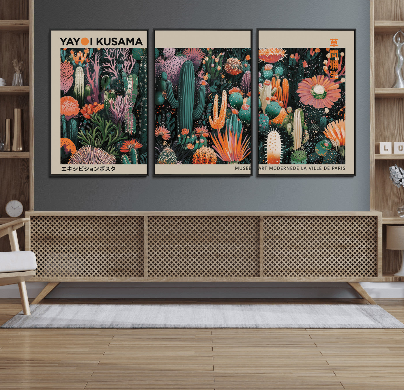 20505520-MGV-FC-60X30-3P_Black-Yayoi Kusama Art Print Canvas – Abstract Mount Fuji Japanese Wall Art Contemporary Modern Artwork for Home, Office