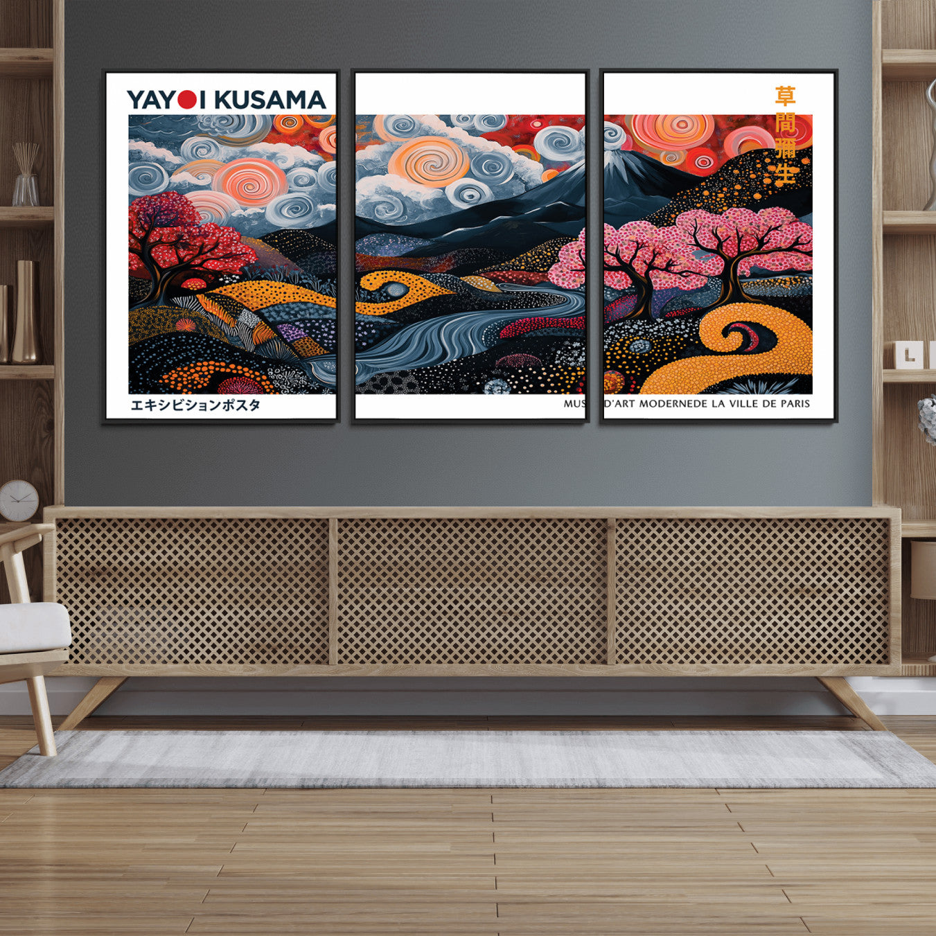 43879290-MGV-FC-60X30-3P_Black-Modern Japanese Wall Art Print Yayoi Kusama Canvas Wall Art Abstract Mount Fuji Canvas Print