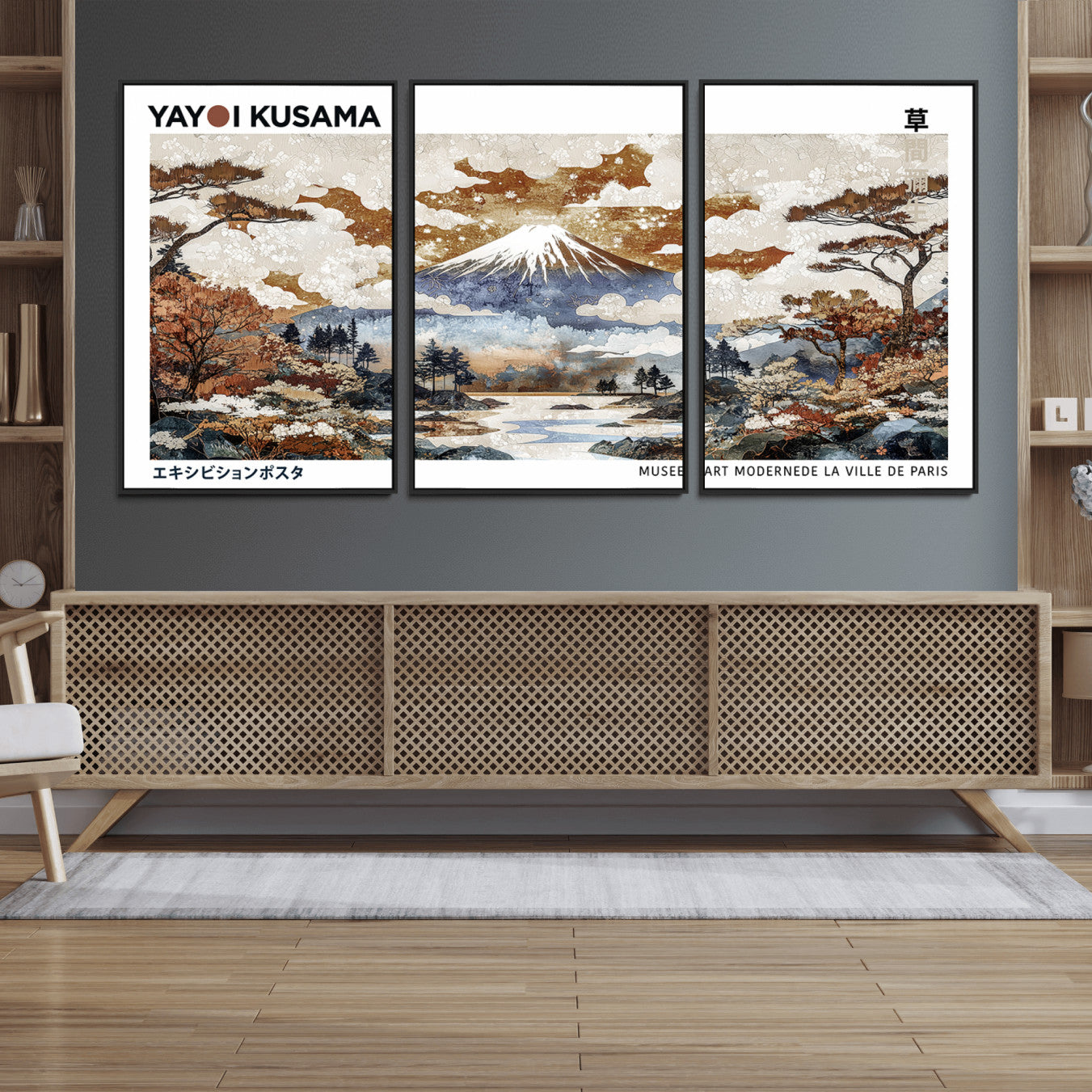 59644240-MGV-FC-60X30-3P_Black-Modern Japanese Wall Art Print Yayoi Kusama Canvas Wall Art Abstract Mount Fuji Canvas Print