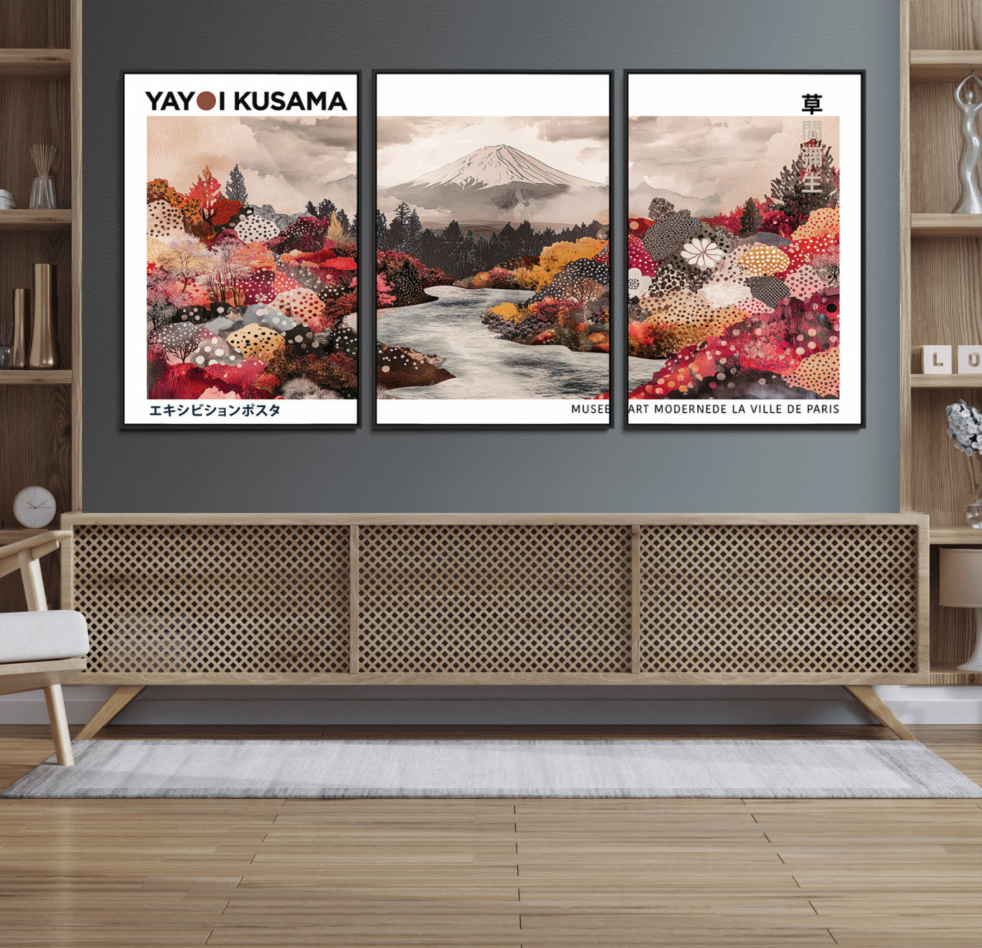 32352074-MGV-FC-60X30-3P_Black-Modern Japanese Wall Art Canvas Print – Framed Abstract Mount Fuji Scene with Yayoi Kusama Artwork for Home, Office