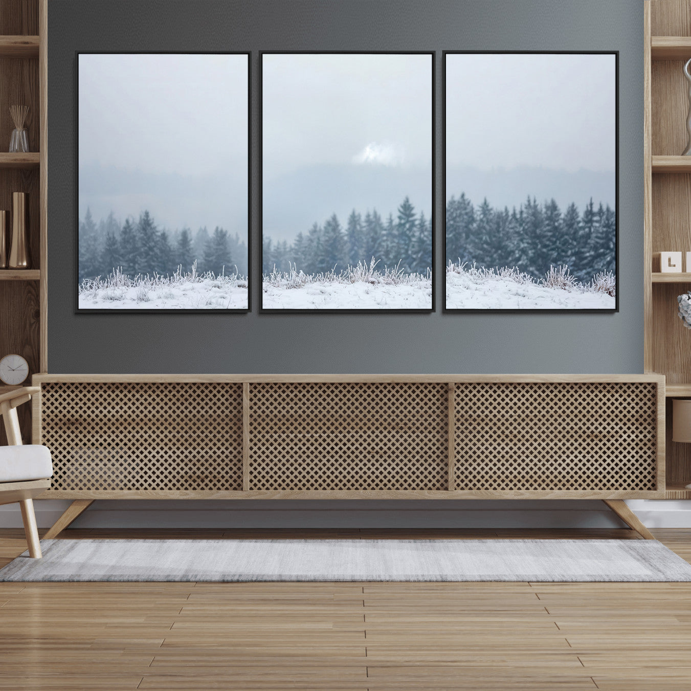 33033082-MGV-FC-60X30-3P_Black-Winter Forest Wall Art Canvas Print – Framed Snowy Landscape Art Picture Misty Tree Scene Artwork for Home Office