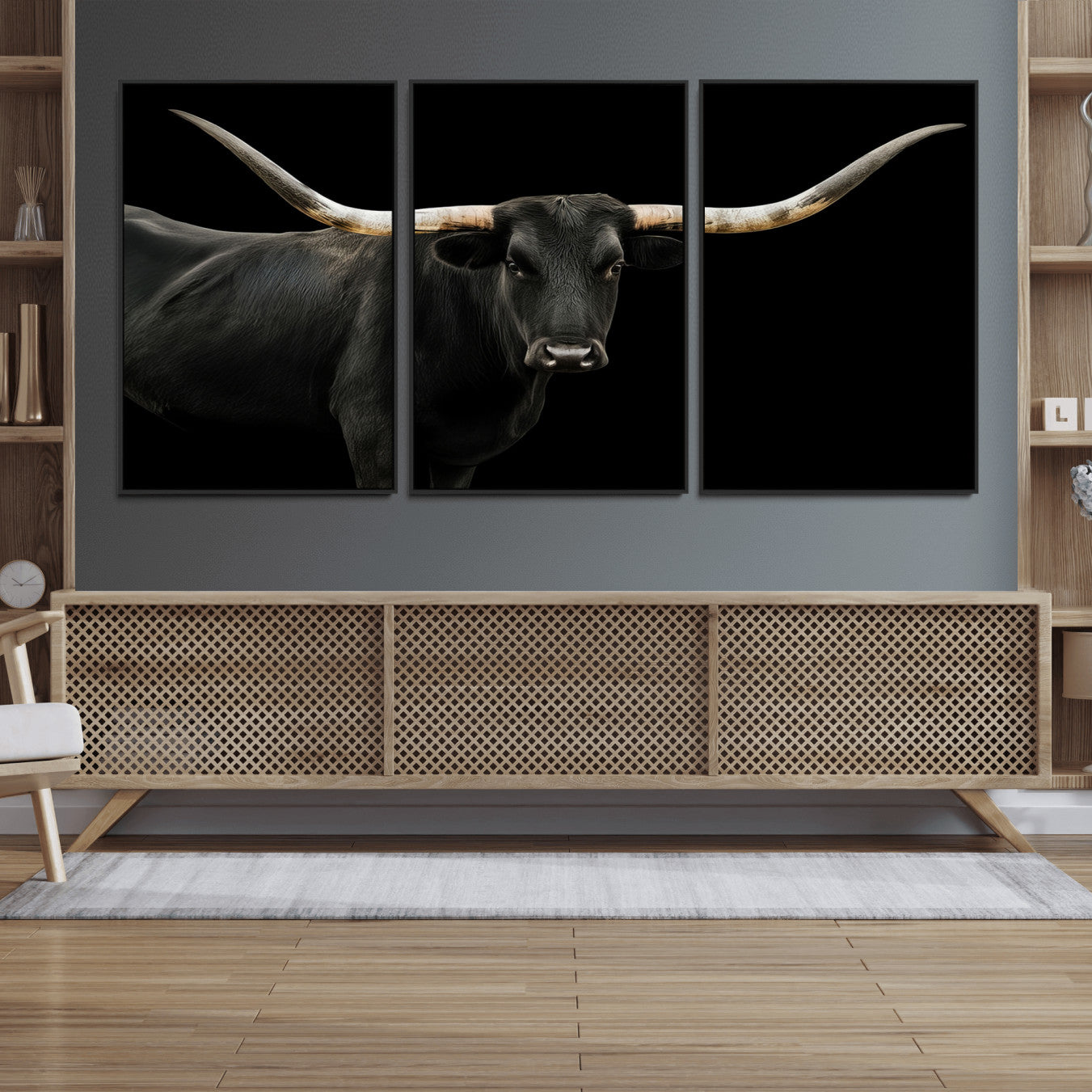 23572907-MGV-FC-60X30-3P_Black-Texas Longhorn Wall Art Canvas Print, Framed Rustic Western Art Picture Print, Farmhouse Animal Perfect Modern Western Minimalist Decor Artwork
