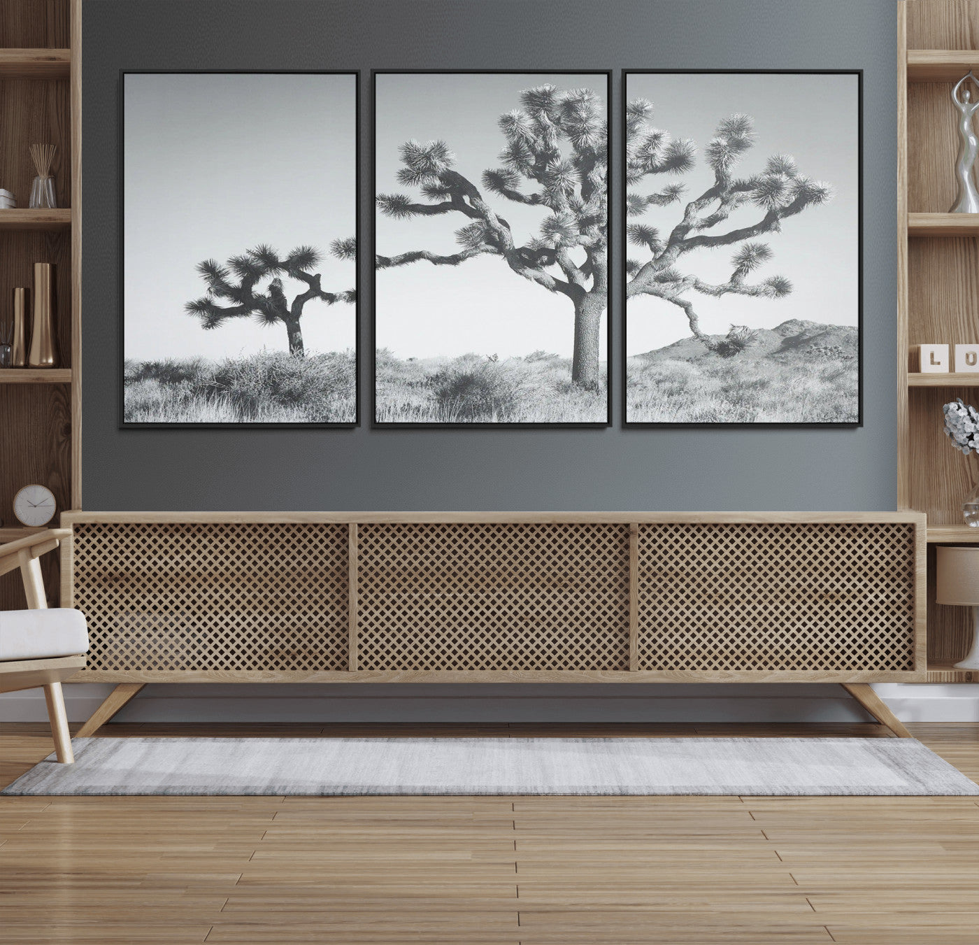 58647785-MGV-FC-60X30-3P_Black-Joshua Trees Wall Art Canvas Print – Framed Black White Desert Landscape Dry Grass Hills Tranquil Artwork for Home Office