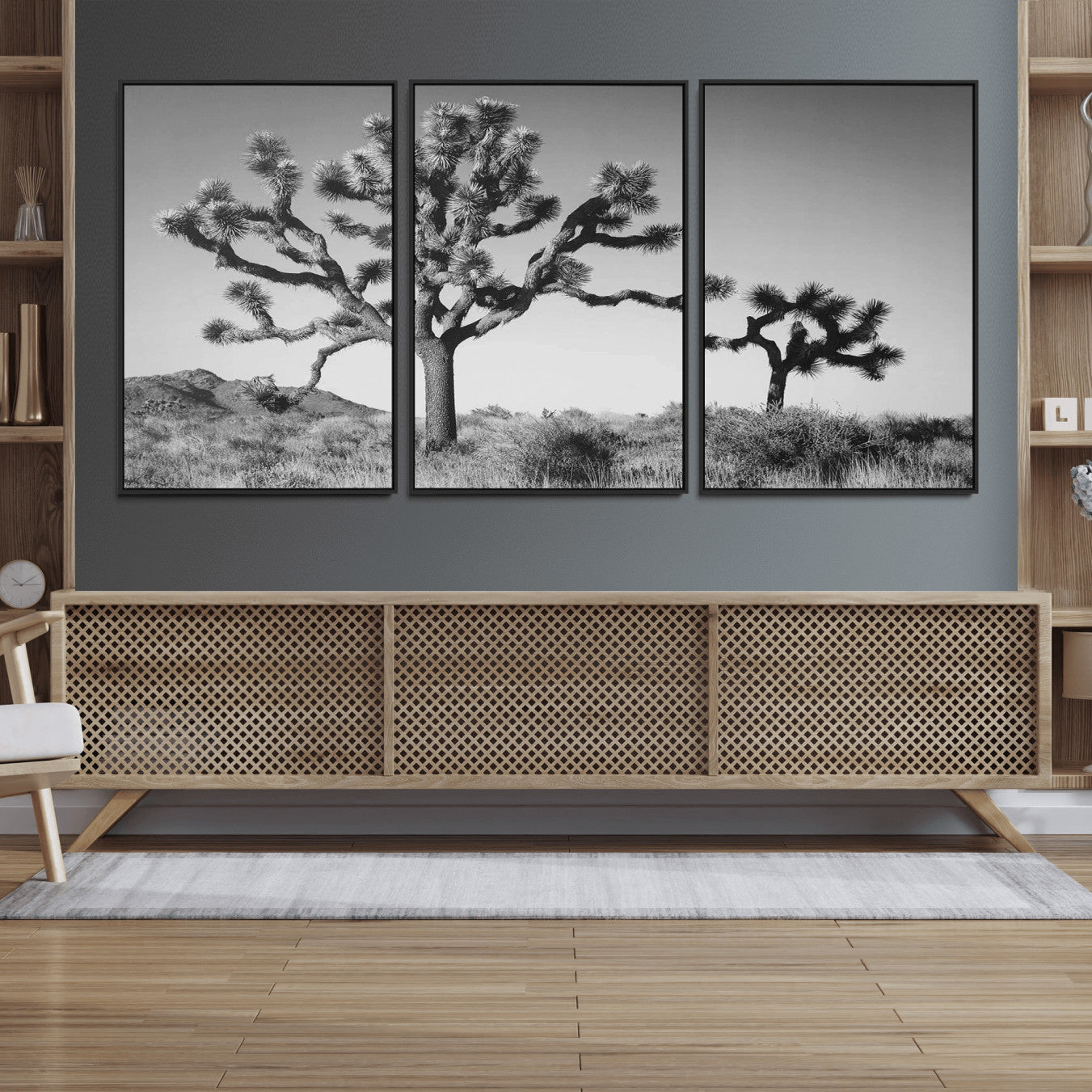 93692513-MGV-FC-60X30-3P_Black-Joshua Tree Wall Art Canvas Print – Framed Monochrome Desert Minimalist Nature Scene Southwestern Artwork for Home Office