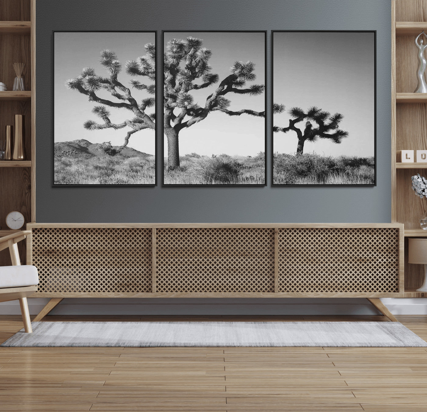 93692513-MGV-FC-60X30-3P_Black-Joshua Tree Wall Art Canvas Print – Framed Monochrome Desert Minimalist Nature Scene Southwestern Artwork for Home Office