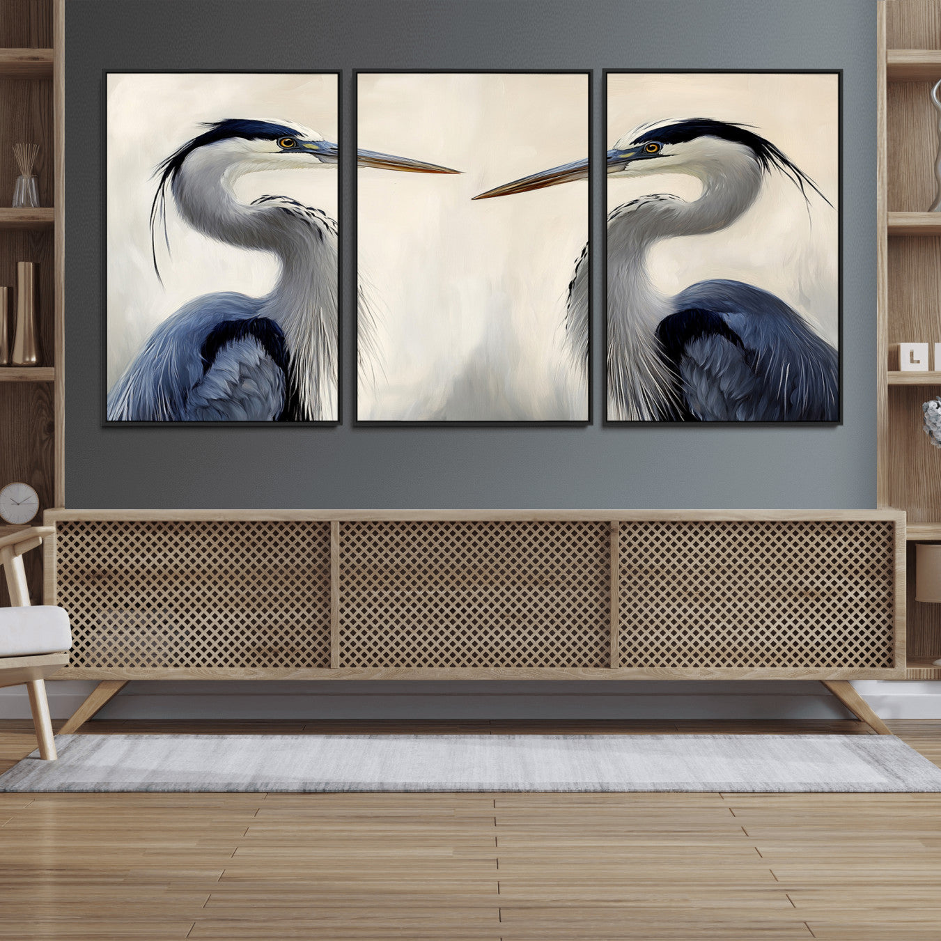 18230556-MGV-FC-60X30-3P_Black-Blue Heron Pair Wall Art Canvas Print – Framed Coastal Bird Tranquil Wildlife Scene Minimalist Nature Artwork for Home Office