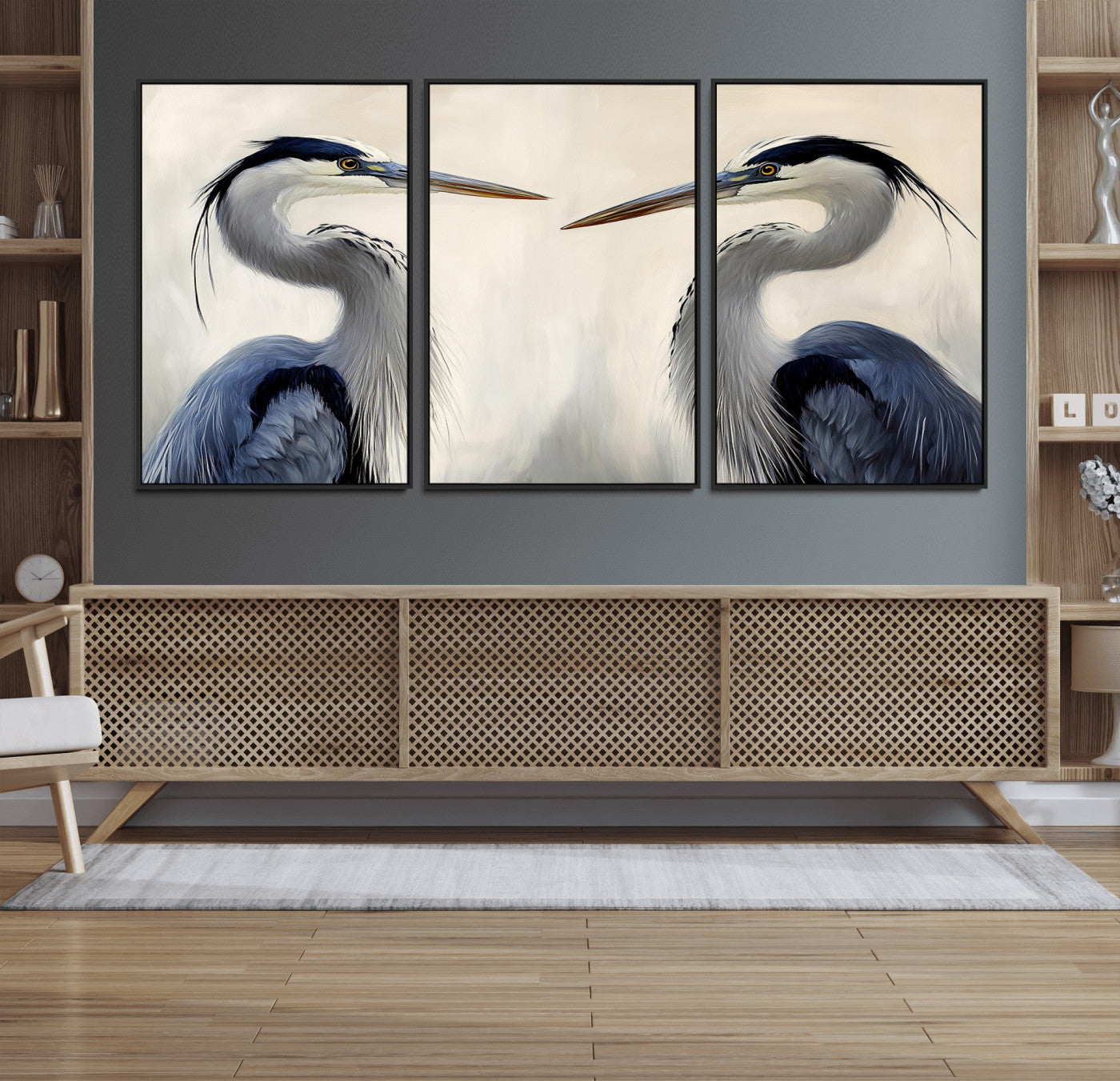 18230556-MGV-FC-60X30-3P_Black-Blue Heron Pair Wall Art Canvas Print – Framed Coastal Bird Tranquil Wildlife Scene Minimalist Nature Artwork for Home Office