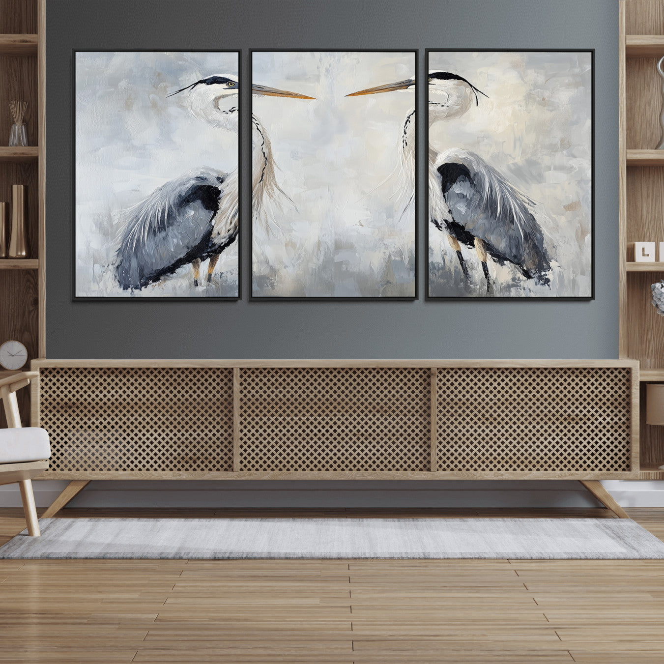 90806932-MGV-FC-60X30-3P_Black-Heron Wall Art Canvas Print – Framed Bird Nature Inspired Coastal Minimalist Wildlife Artwork for Home Office