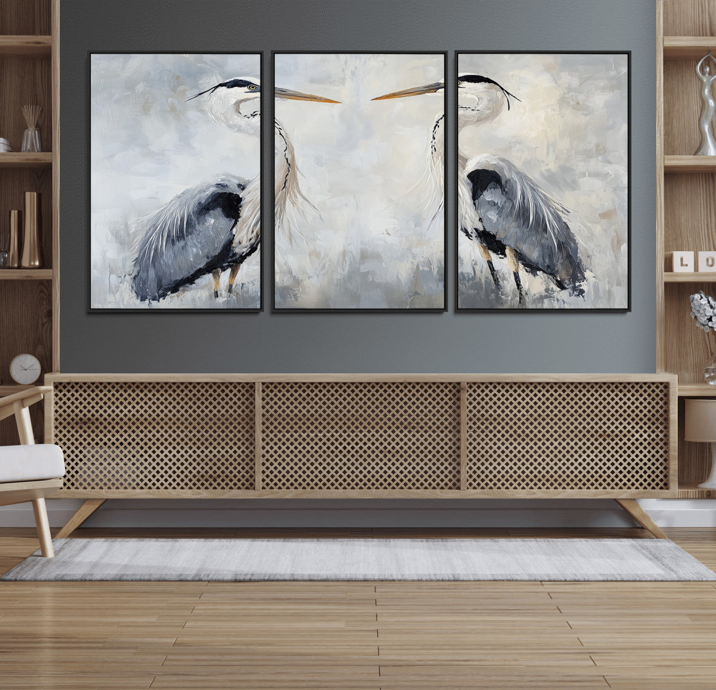 90806932-MGV-FC-60X30-3P_Black-Heron Wall Art Canvas Print – Framed Bird Nature Inspired Coastal Minimalist Wildlife Artwork for Home Office