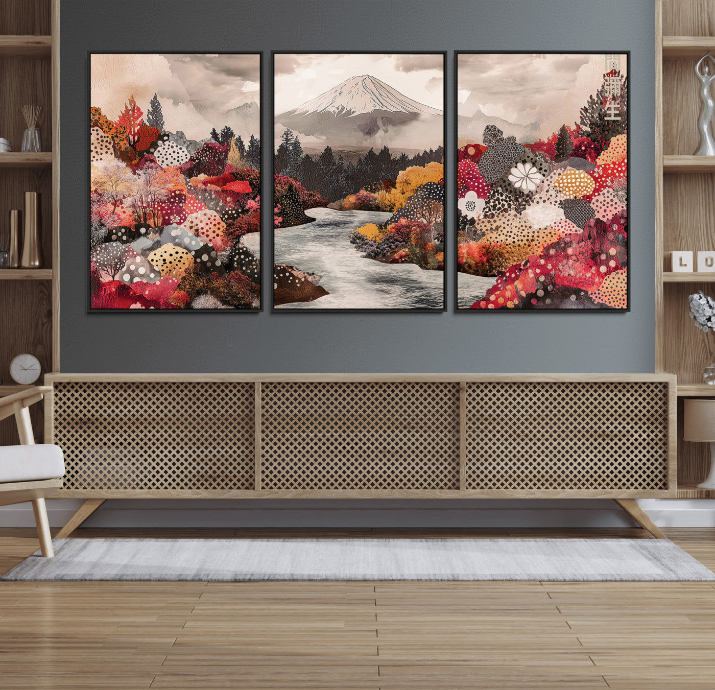 37138418-MGV-FC-60X30-3P_Black-Mountain Wall Art Canvas Print – Framed Autumn Forest Cottagecore Landscape Boho Nature Artwork for Home Office
