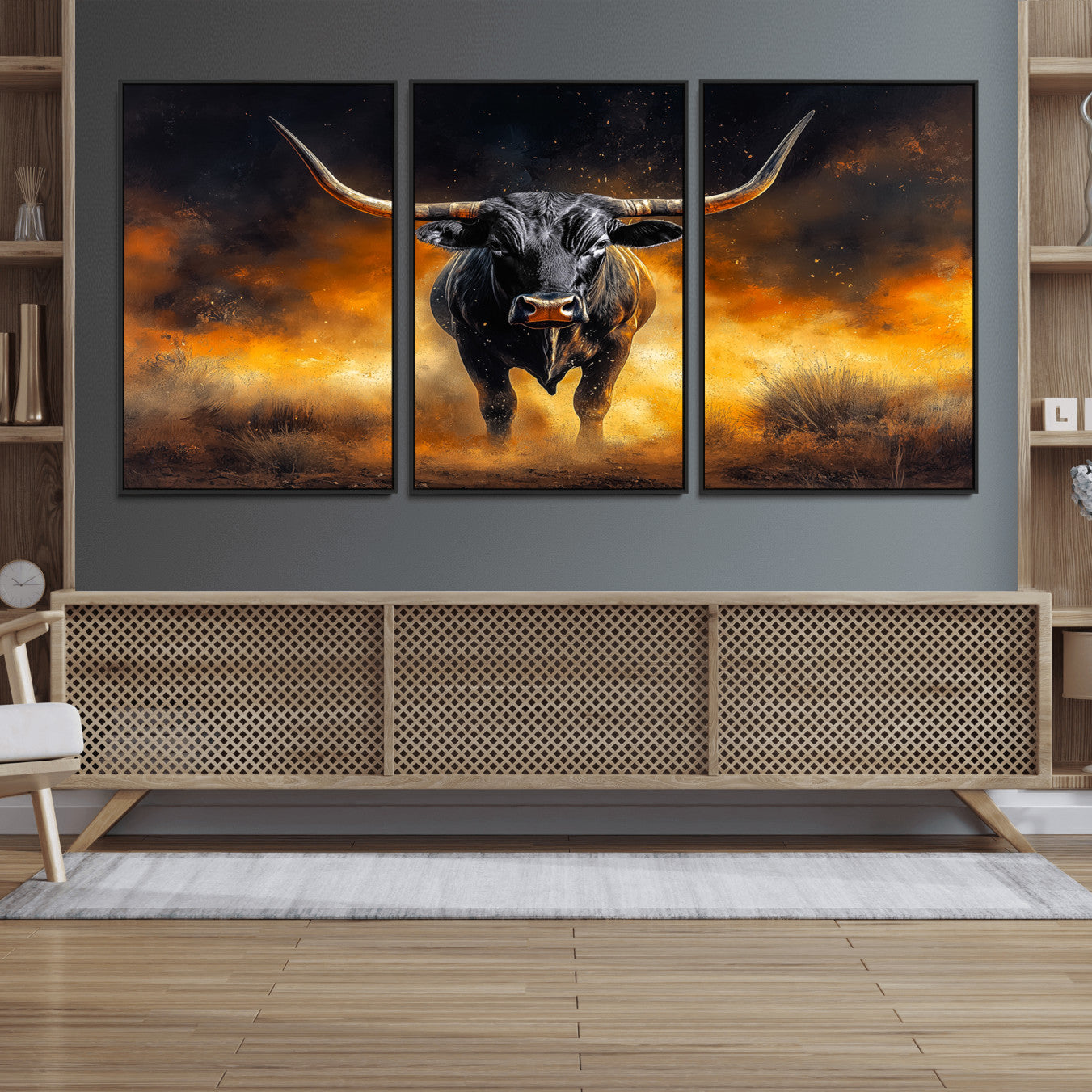 58293979-MGV-FC-60X30-3P_Black-Longhorn Canvas Wall Art Canvas Print, Framed Bold Bull Wall Art Art Picture Print, Western Animal Decor Perfect Western Dramatic Decor Artwork