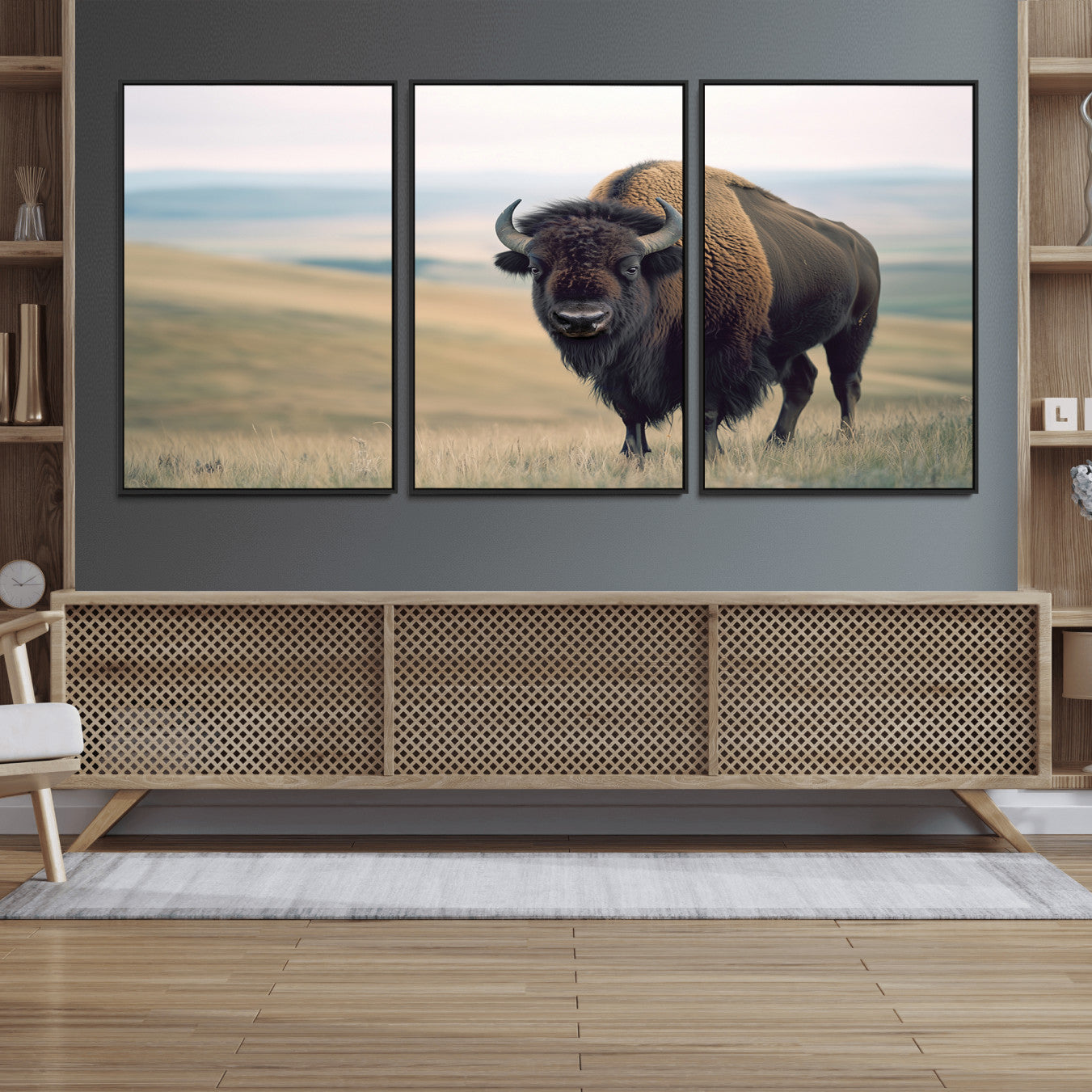 60097194-MGV-FC-60X30-3P_Black-Bison Wall Art Wall Art Canvas Print, Framed Buffalo Canvas Print Art Picture Print, American Bison Decor Perfect Rustic Western Decor Artwork