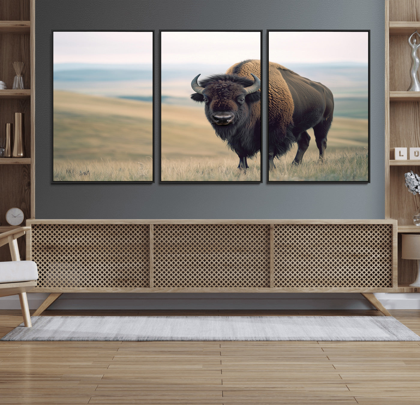 60097194-MGV-FC-60X30-3P_Black-Bison Wall Art Canvas Print – Framed Buffalo American Bison Western Ranch Rustic Animal Artwork for Home, Office