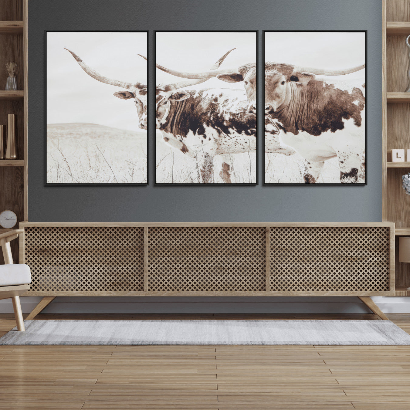 44871787-MGV-FC-60X30-3P_Black-Longhorn Wall Art Wall Art Canvas Print, Framed Western Cow Canvas Art Picture Print, Rustic Farm Decor Perfect Rustic Farmhouse Decor Artwork